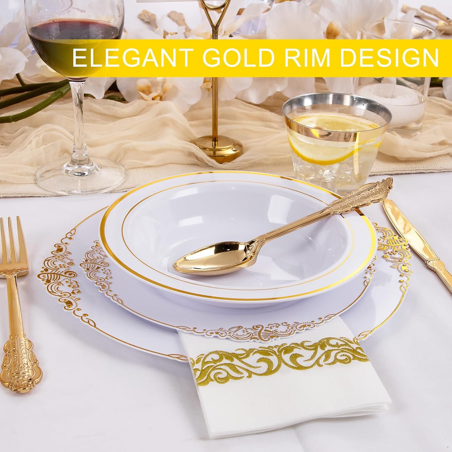 Wholesale 50 Pack 12oz Plastic Bowls with Gold Rim - Disposable Heavy Duty Soup Dessert Salad Ice Cream Bowls for Weddings Parties Thanksgiving Everyday Use Factory