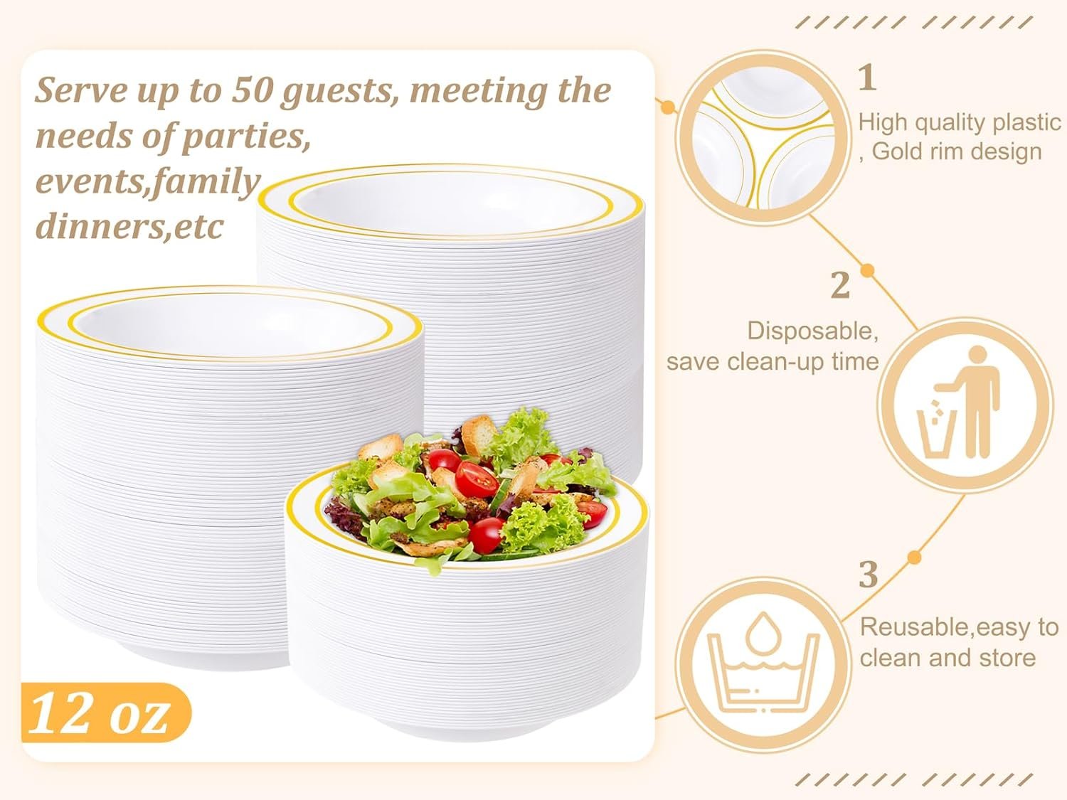 Wholesale 50 Pack 12oz Plastic Bowls with Gold Rim - Disposable Heavy Duty Soup Dessert Salad Ice Cream Bowls for Weddings Parties Thanksgiving Everyday Use Factory