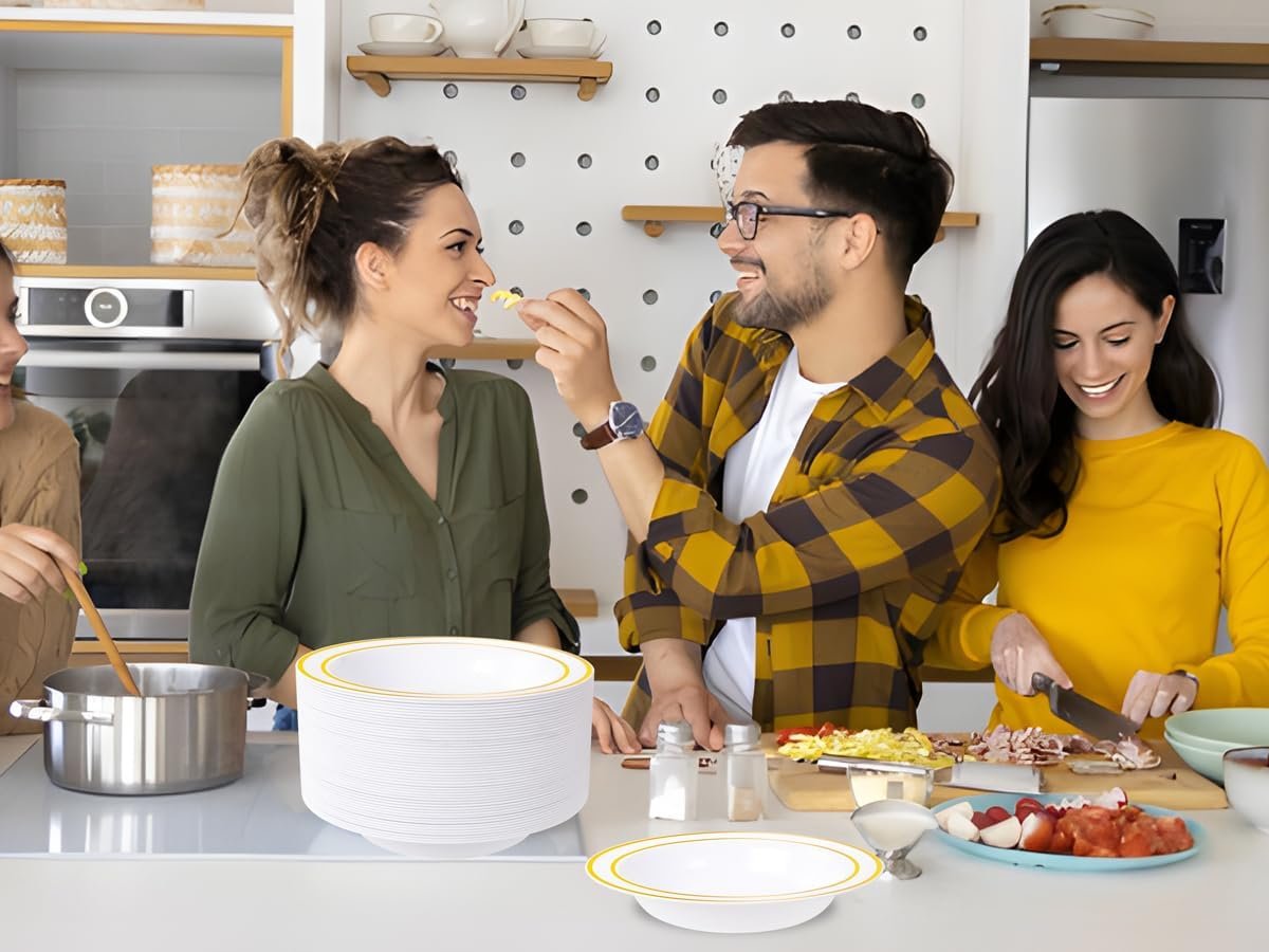 Wholesale 50 Pack 12oz Plastic Bowls with Gold Rim - Disposable Heavy Duty Soup Dessert Salad Ice Cream Bowls for Weddings Parties Thanksgiving Everyday Use Factory