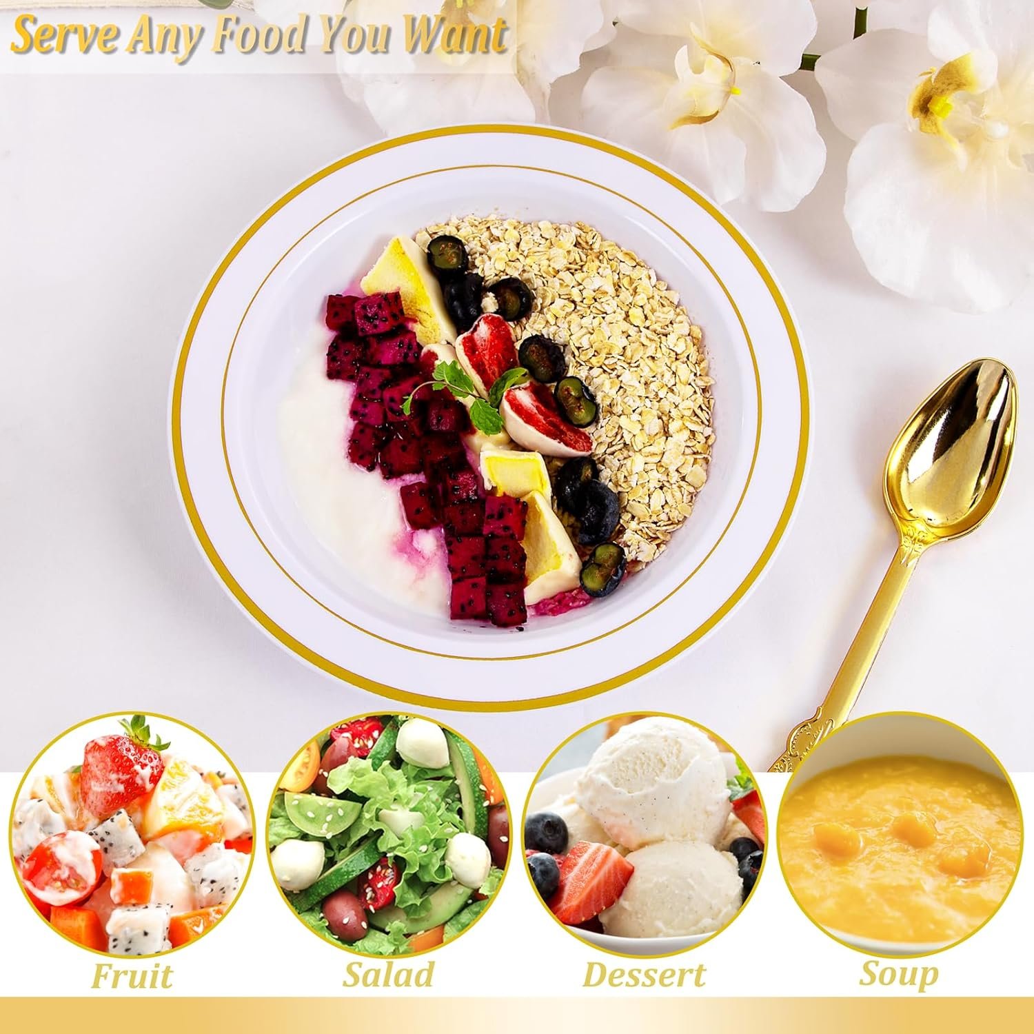 Wholesale 50 Pack 12oz Plastic Bowls with Gold Rim - Disposable Heavy Duty Soup Dessert Salad Ice Cream Bowls for Weddings Parties Thanksgiving Everyday Use Factory