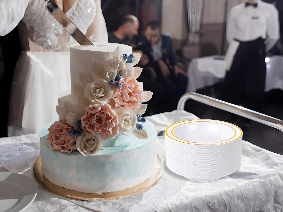 Wholesale 50 Pack 12oz Plastic Bowls with Gold Rim - Disposable Heavy Duty Soup Dessert Salad Ice Cream Bowls for Weddings Parties Thanksgiving Everyday Use Factory