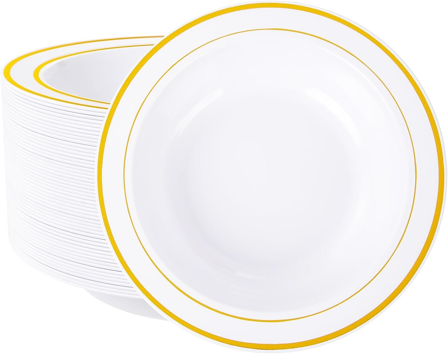 Nervure 50 Pack Plastic Bowls with Gold Rim - 12oz Disposable Soup Bowls - Heavy Duty Dessert & Salad Bowl & Ice Cream Bowl for Weddings, Parties, Thanksgiving and Everyday Use