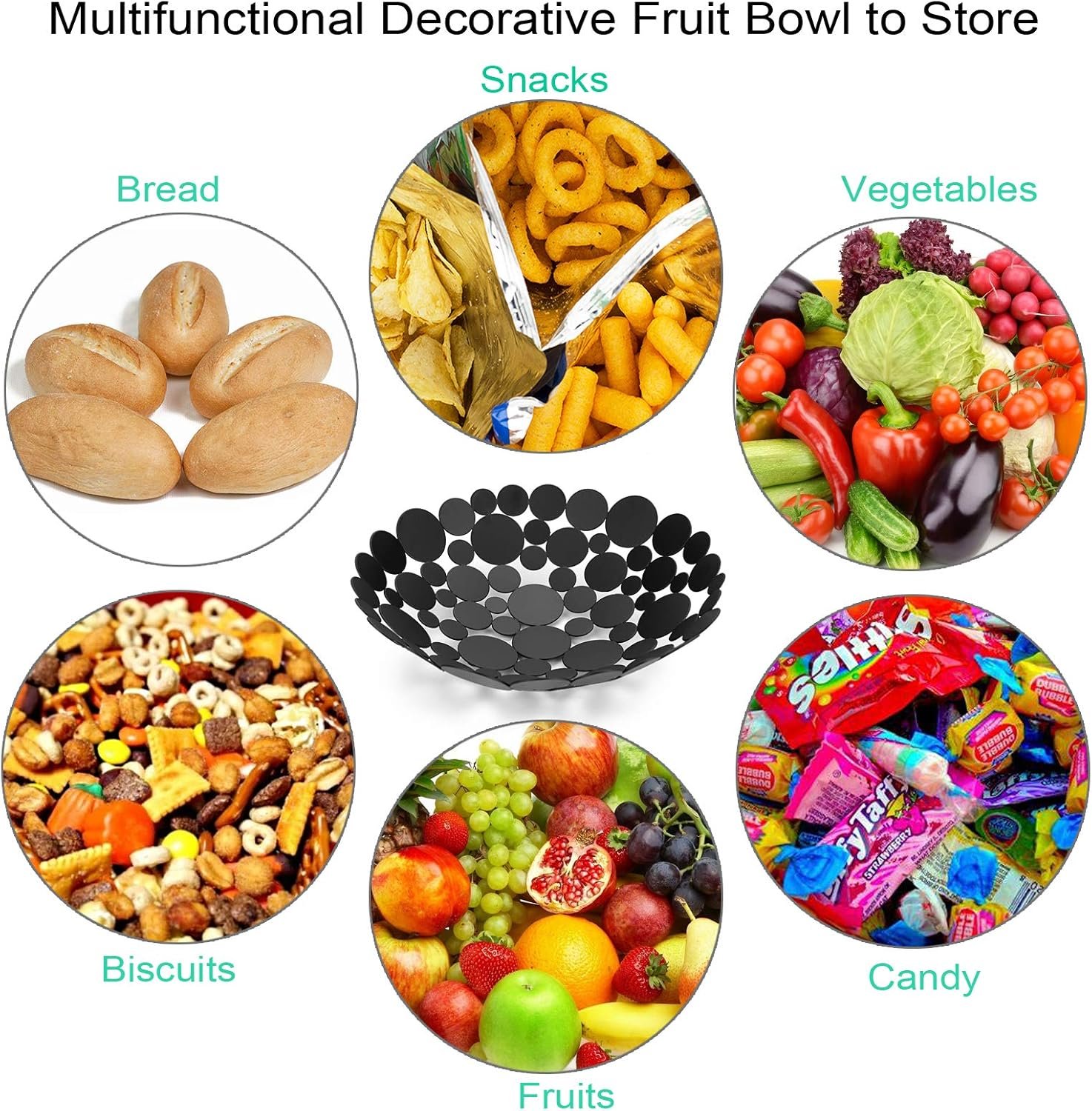 OEM Large Metal Fruit Bowl Basket Creative Table Centerpiece Stand Decorative Countertop Holder for Kitchen Iron Round Storage Tray Bread Snacks Candy Black Factory