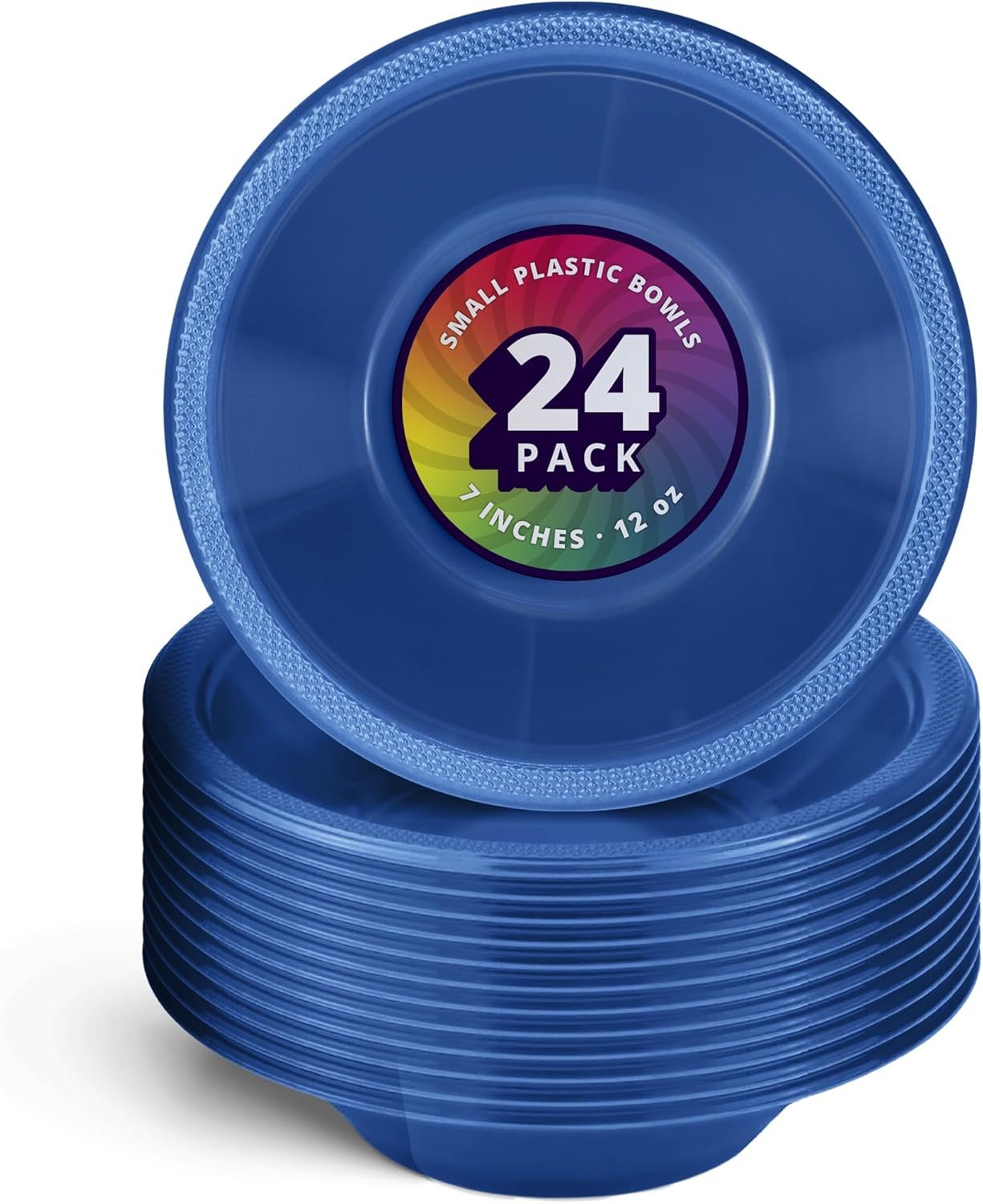 DecorRack 24 Small Plastic Bowls, 7 inch Disposable 12 oz Serving Bowl, Fruit Snack, Popcorn, Soup, and Salad, Kids Birthday and Holiday Party Supplies, Blue (Pack of 24)