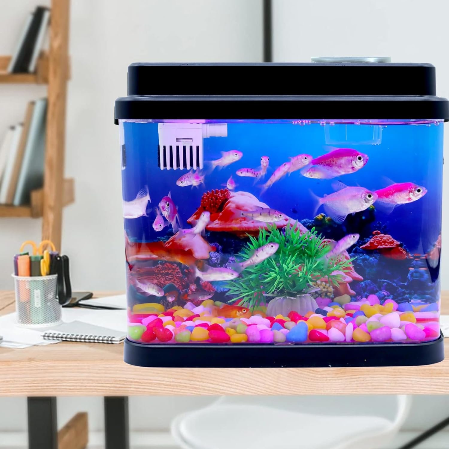 OEM 1 Gallon Mini Fish Tank Small Aquarium Bowl with 6-Color Auto-Looping Light Quiet 3-in-1 Pump for Filtration Oxygenation Circulation Submarine Background Thickened Base Factory