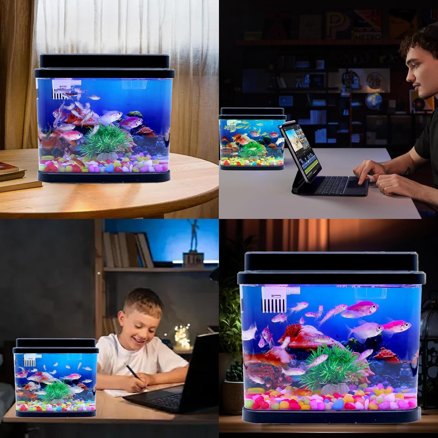 OEM 1 Gallon Mini Fish Tank Small Aquarium Bowl with 6-Color Auto-Looping Light Quiet 3-in-1 Pump for Filtration Oxygenation Circulation Submarine Background Thickened Base Factory