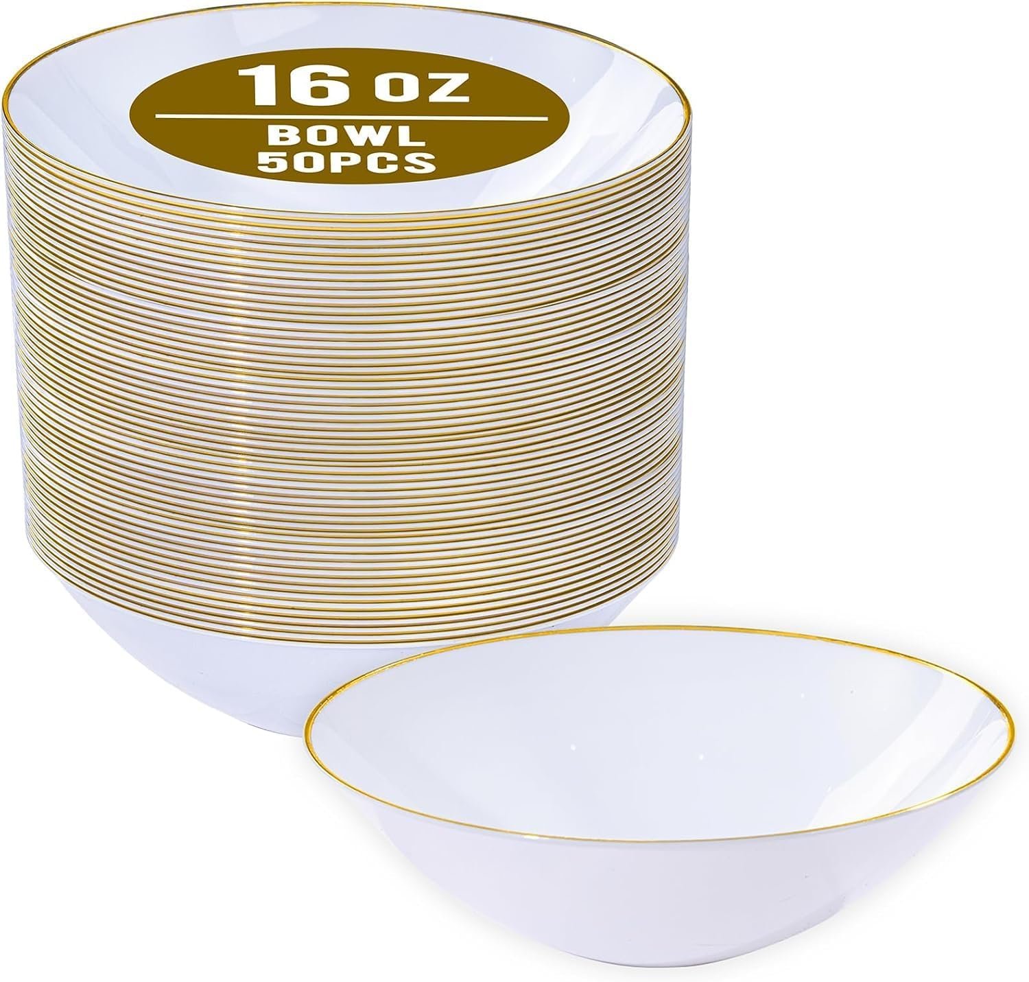 I00000 16 Oz 50 Count White Disposable Soup Bowls with Gold Rim, Plastic Bowls Disposable Premium Heavyweight Elegant Plastic Salad Bowl for Party