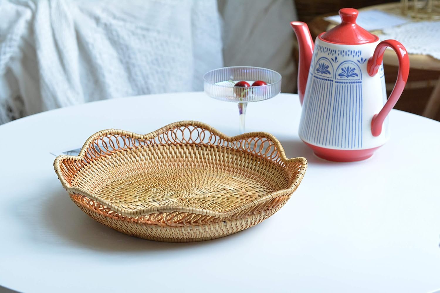 Wholesale Rattan Fruit Basket Woven Serving Tray for Bread Cake on Kitchen Counter Table Natural 11.8 Inch Diameter x 3.5 Inch Height Factory