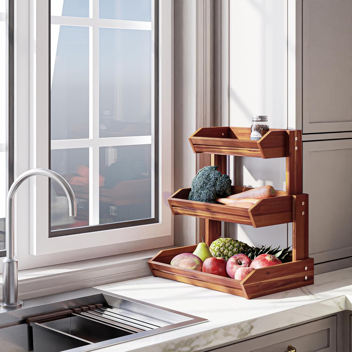 OEM 3-Tier Acacia Wood Fruit Basket Counter Organizer Produce Storage Snack Bowl Kitchen Countertop Factory