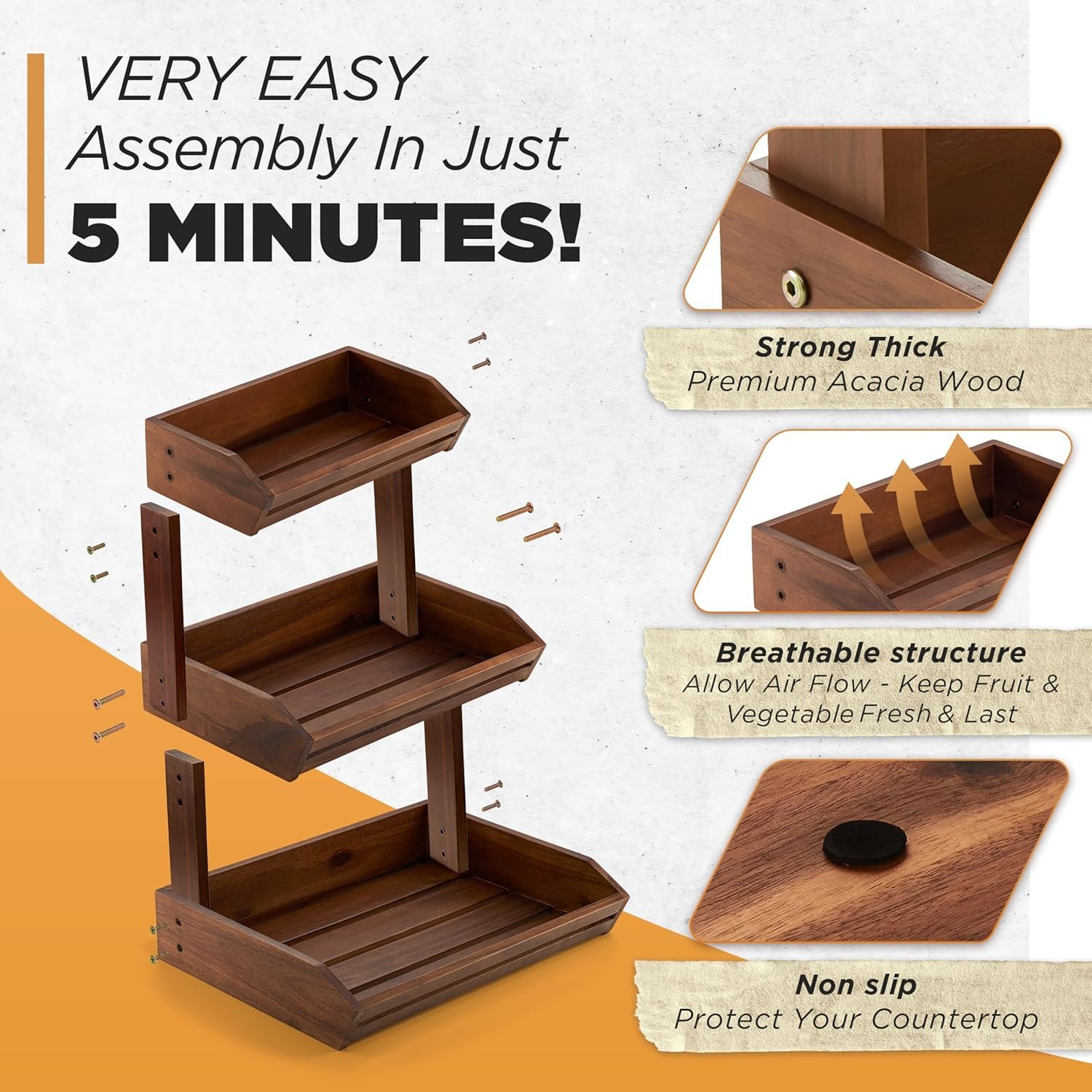 OEM 3-Tier Acacia Wood Fruit Basket Counter Organizer Produce Storage Snack Bowl Kitchen Countertop Factory