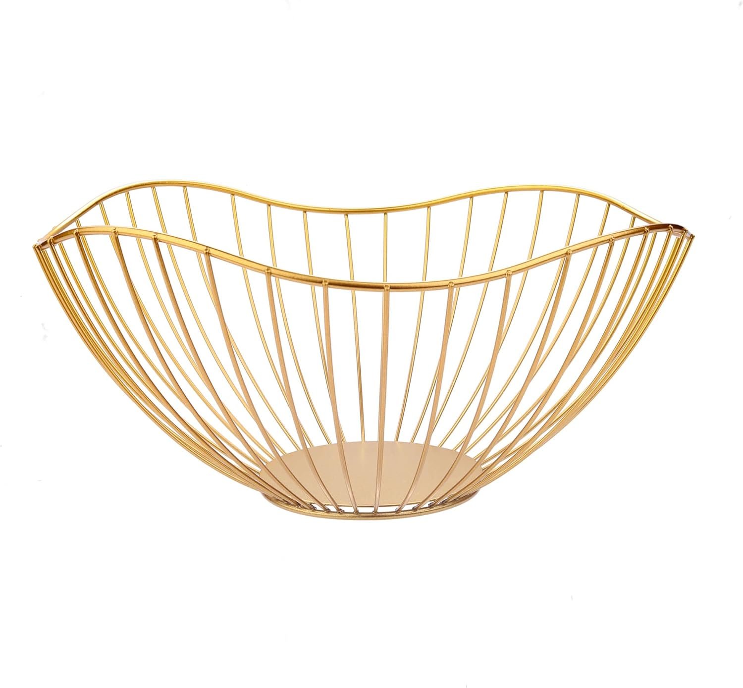 IBWell High Style Curved-Edge Modern Creative Stylish Single Tier Dish,Metal Iron Wire Fruit Vegetables Bread Decorative Stand Serving Bowls Basket Holder (Gold)