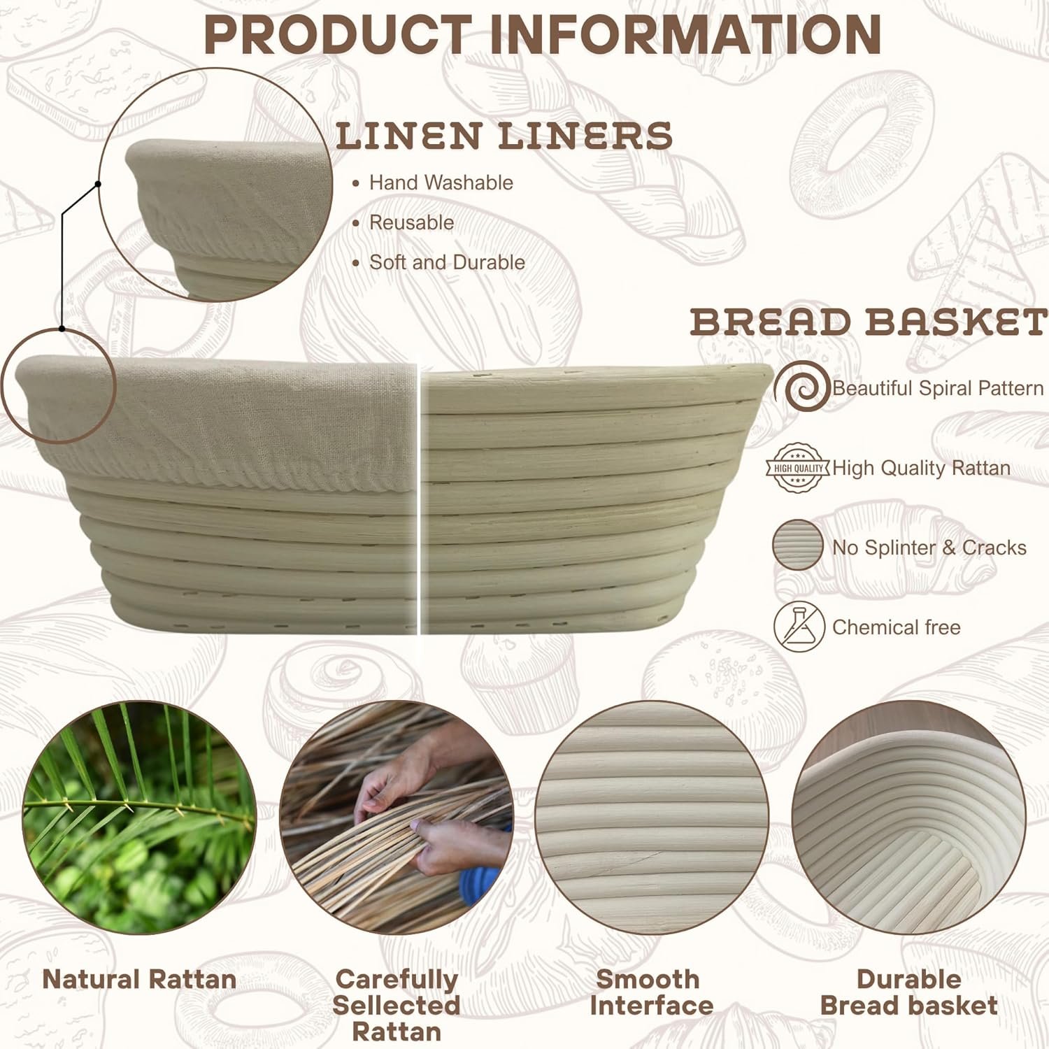OEM Banneton Bread Proofing Basket 2-Pack 10-Inch Oval with Liner Natural Rattan for Artisan Sourdough Baking Professional Home Use Factory