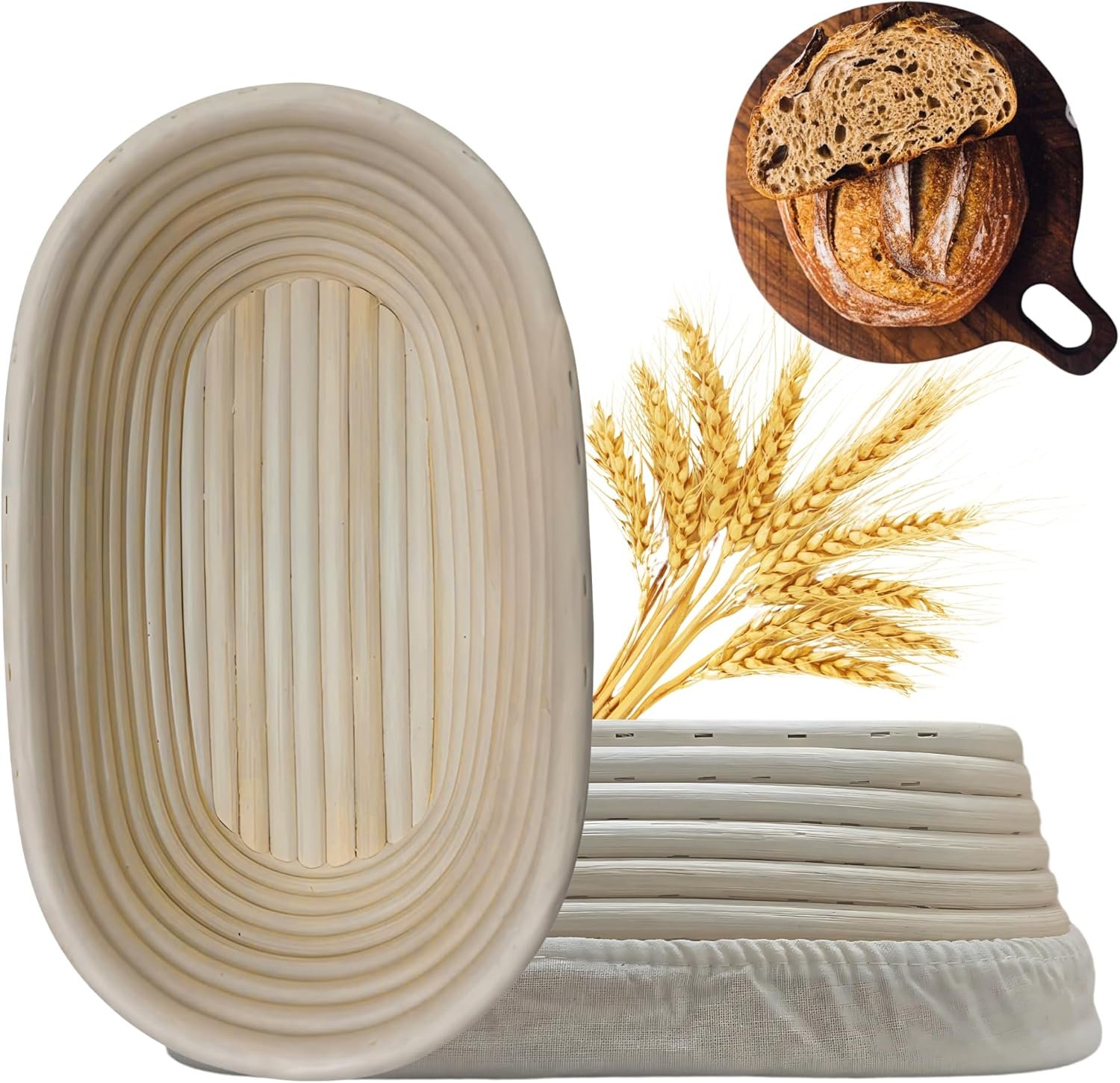 [Upgraded] Banneton Bread Proofing Basket 2 pack 10" Oval With Liner, Natural Rattan Bread Basket Perfect for Professional & Home Sourdough Bread Baking, Artisan Sourdough Bread. (Set 2 pack 10" Oval)