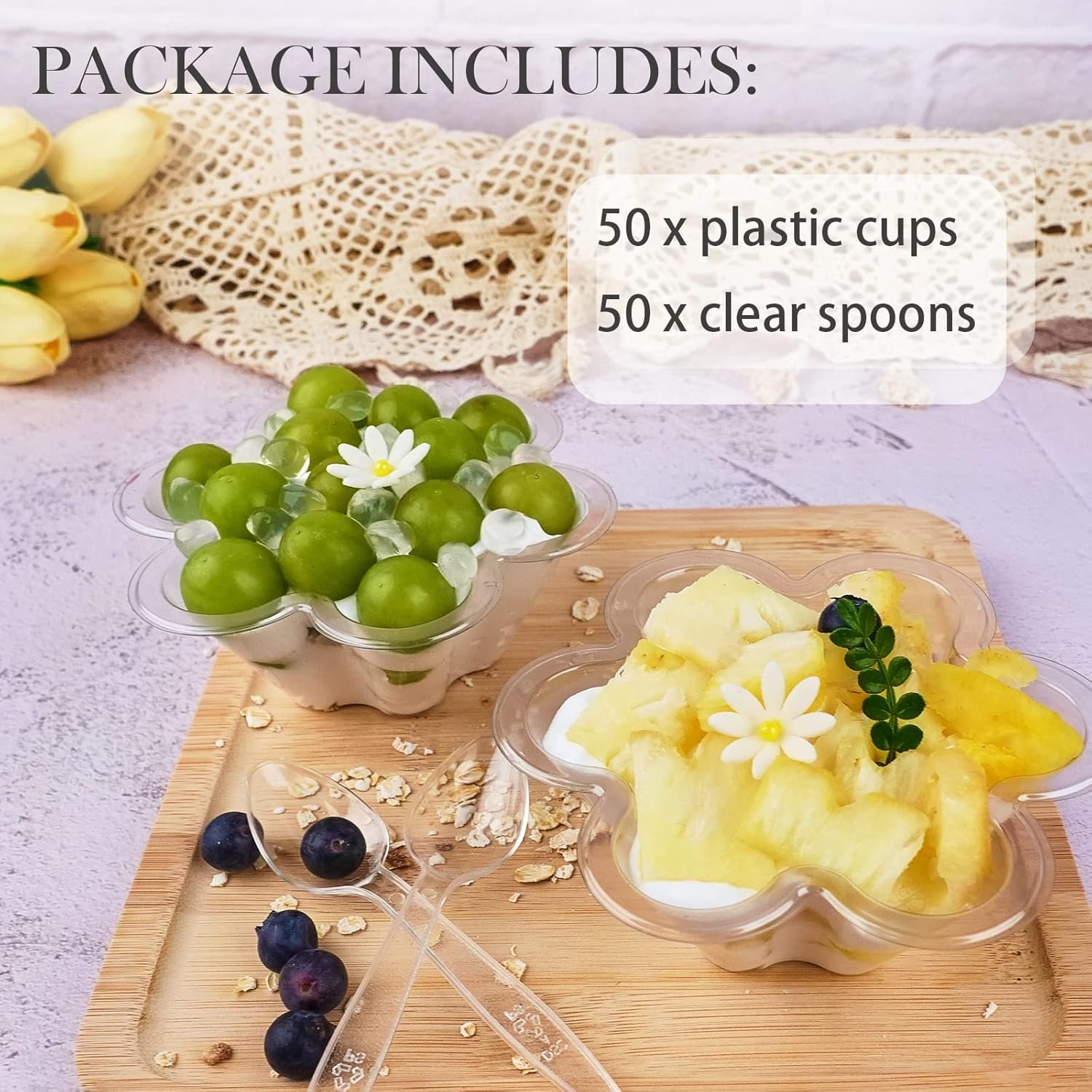 Wholesale 50 Pack 8oz Clear Plastic Dessert Cups with Spoons Disposable Flower-Shaped Bowls for Ice Cream Sundaes Nuts Salads Trifles Factory