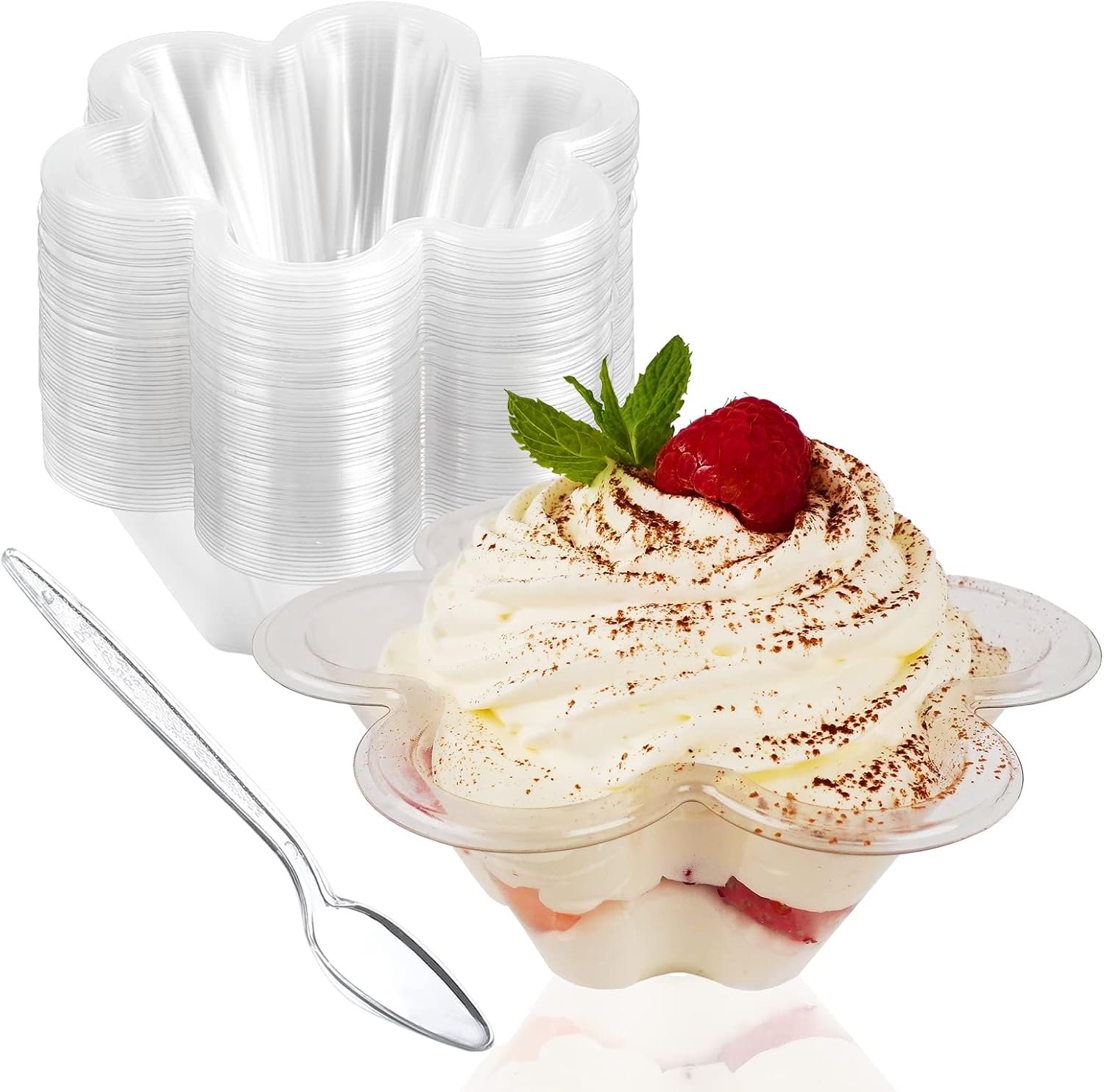 50ct 8oz Clear Plastic Dessert Cups with Spoons, Disposable Flower Shaped Ice Cream Bowls, Party Sundae Serving Bowls for Ice Cream, Nuts and Salad, Trifle Tasters Containers