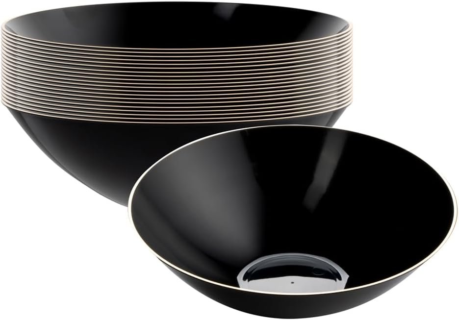 Restaurantware Moderna 16 Ounce Plastic Bowls 20 Durable Disposable Salad Bowls - Gold-Rimmed Heavy-Duty Black Plastic Fancy Bowls For Warm And Cold Foods Ideal For Restaurants