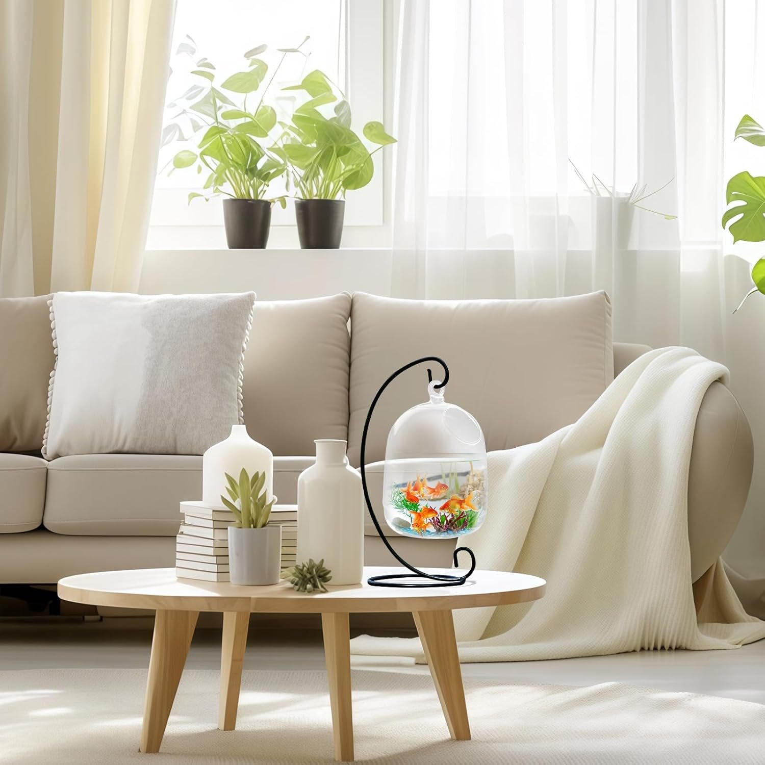OEM Hanging Glass Fish Bowl Tank with White Stand - Small Desk Aquarium Vase for Home Decor Factory