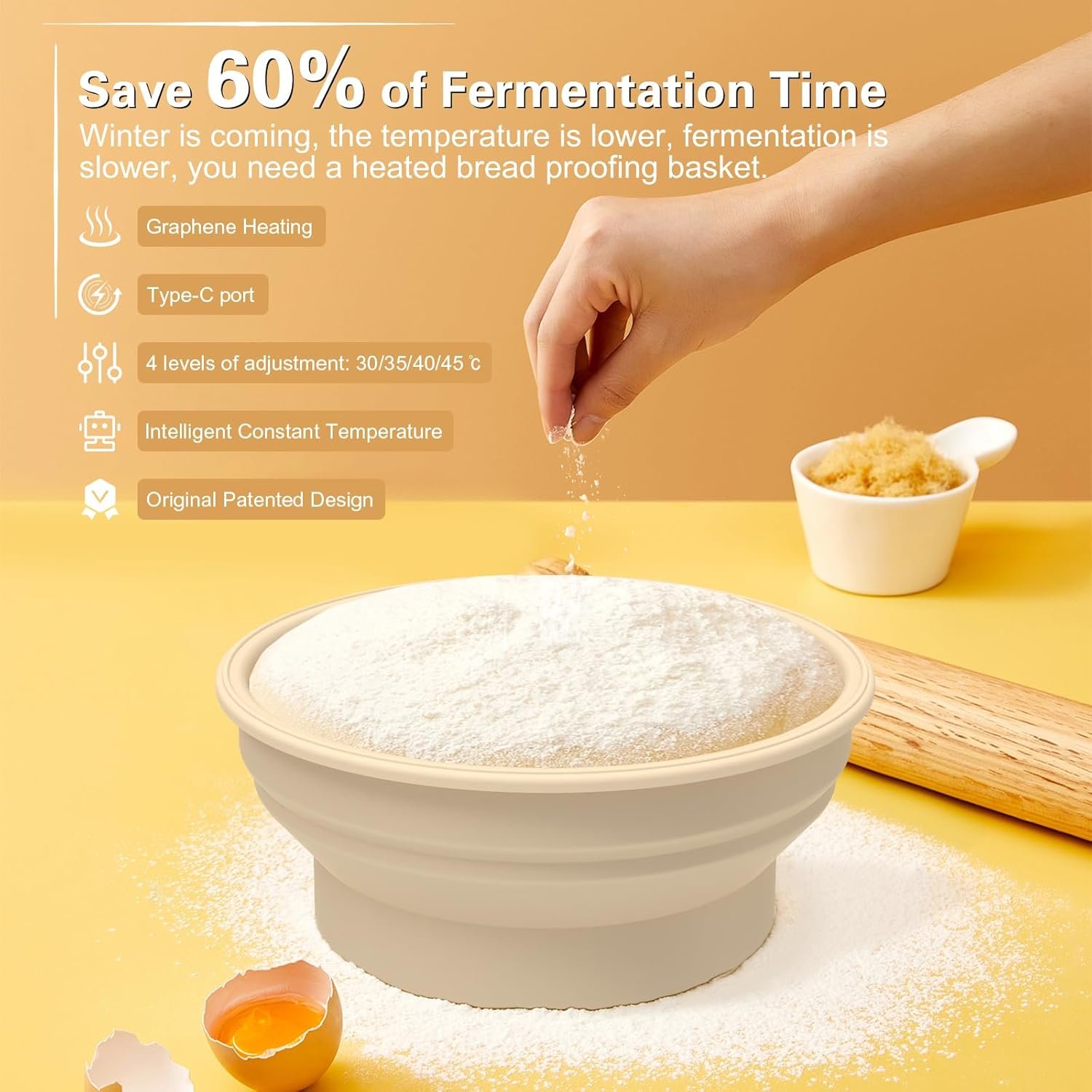 OEM 9-Inch Heated Banneton Bread Proofing Basket Foldable Silicone Sourdough Fermentation Bowl Graphene Warmer Lid 4 Adjustable Temperature Levels Non-Stick Surface Factory