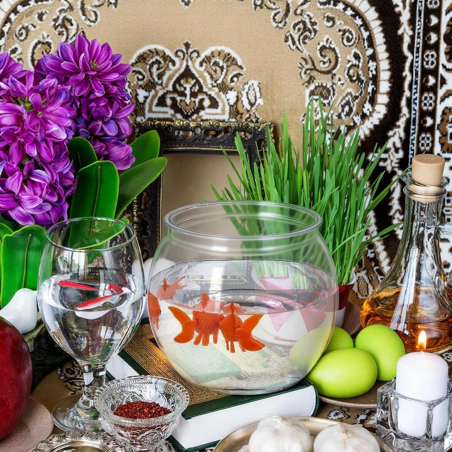 OEM 16 oz Plastic Fish Bowl Nowruz Decorations Set with 3 Fake Goldfish Floating Aquarium Accessories for Haftseen New Year Table Factory