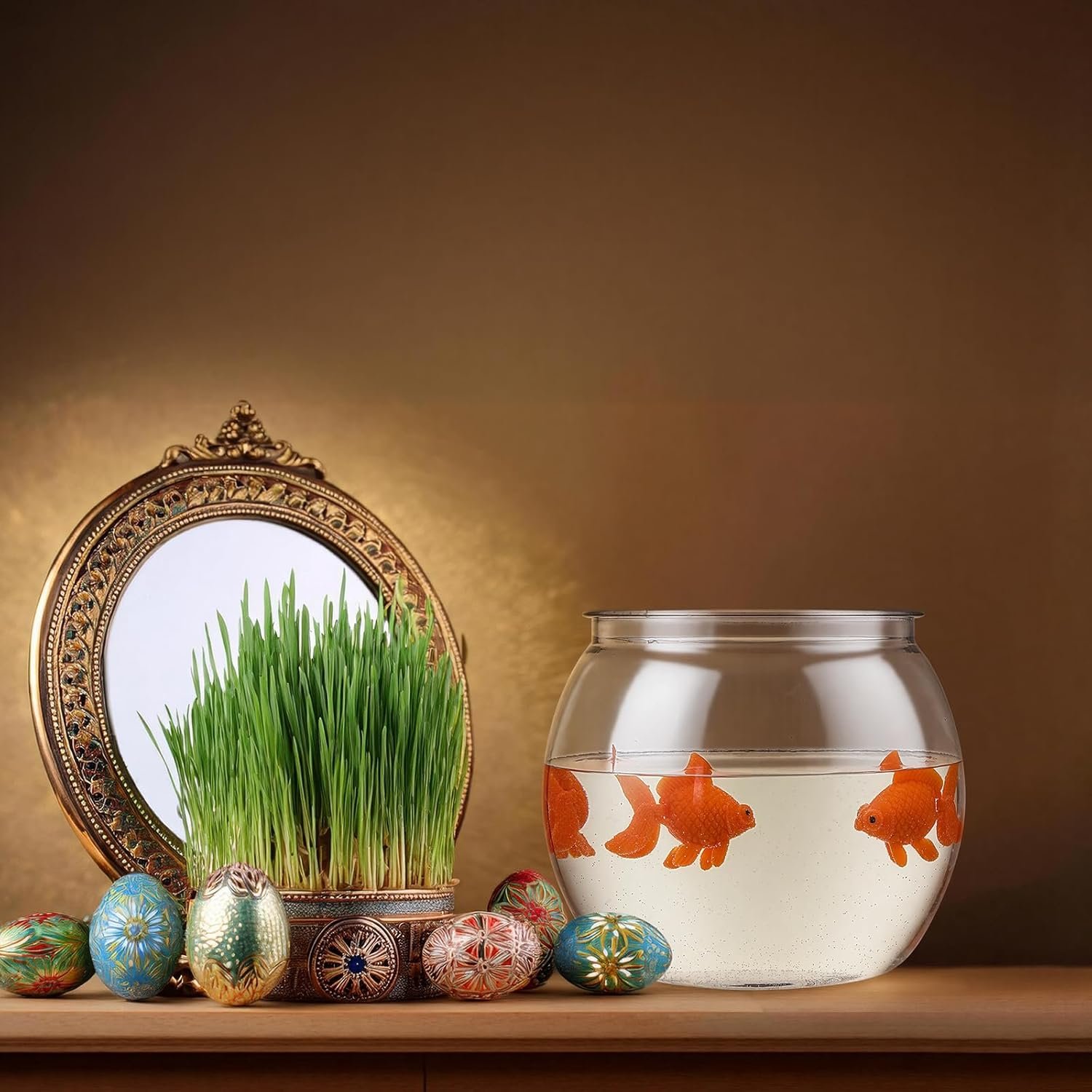 OEM 16 oz Plastic Fish Bowl Nowruz Decorations Set with 3 Fake Goldfish Floating Aquarium Accessories for Haftseen New Year Table Factory