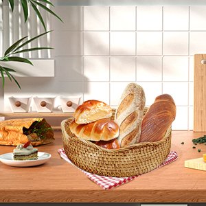 Wholesale Natural Rattan Round Fruit Basket Hand Woven Serving Bowl Wicker Storage for Dining Room Wave Medium 9'' Diameter x 3.3'' Height x 9'' Width Factory
