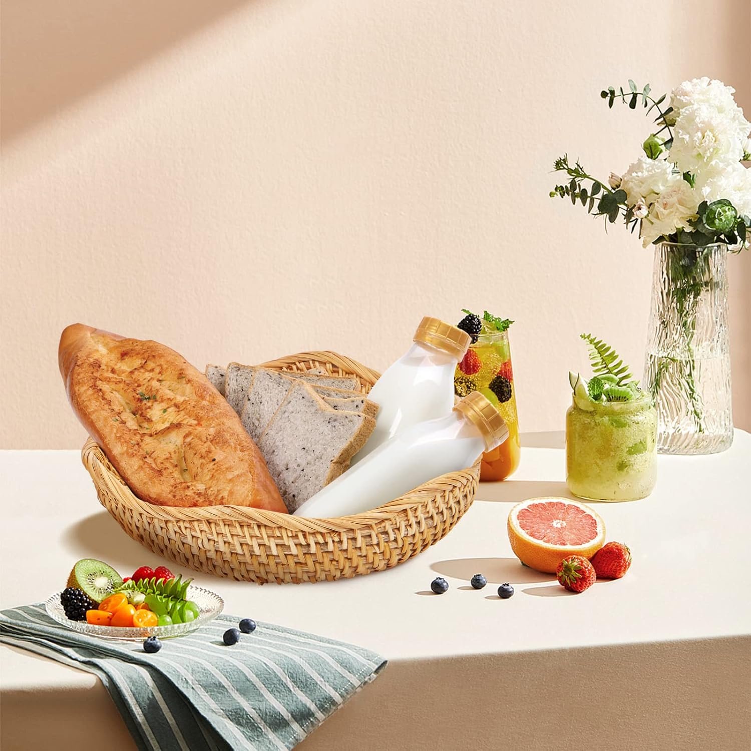 Wholesale Natural Rattan Round Fruit Basket Hand Woven Serving Bowl Wicker Storage for Dining Room Wave Medium 9'' Diameter x 3.3'' Height x 9'' Width Factory