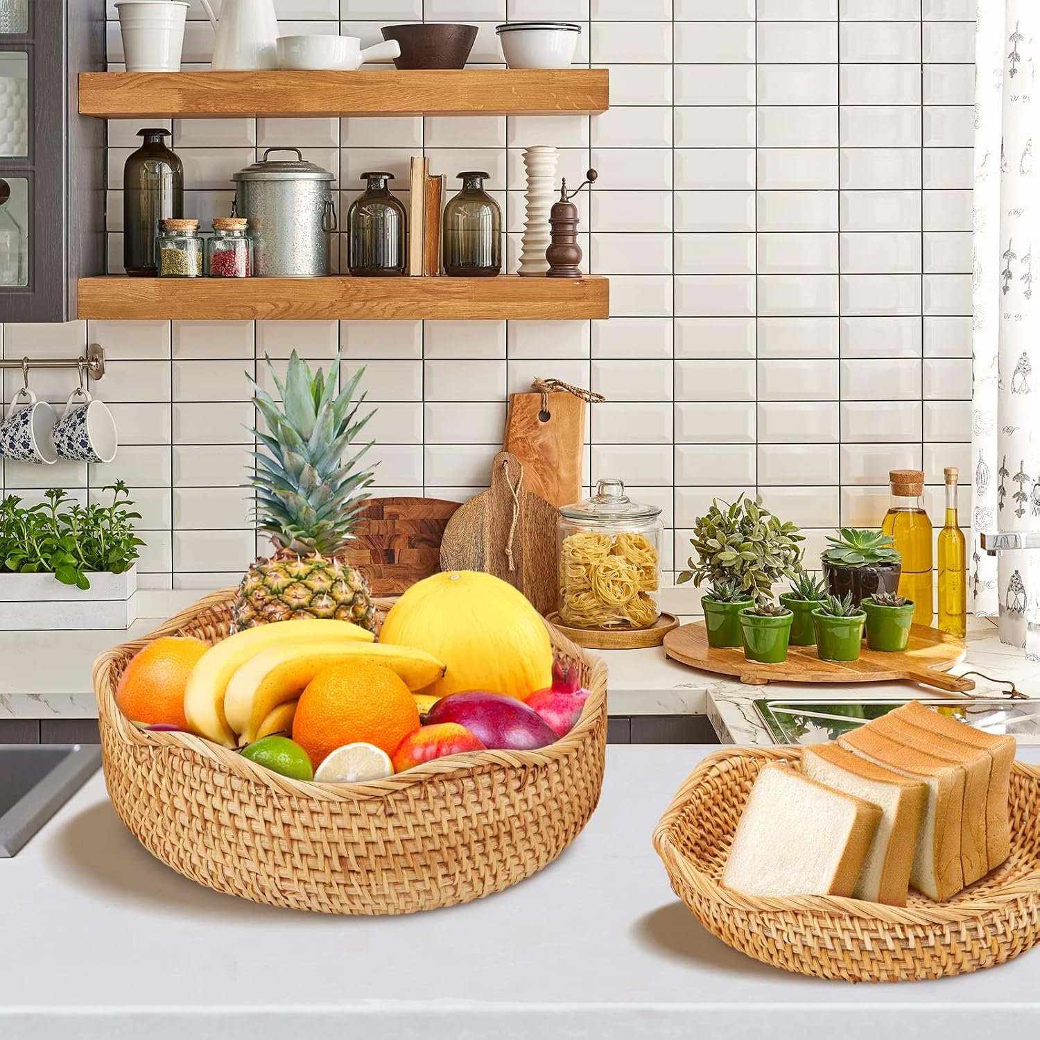 Wholesale Natural Rattan Round Fruit Basket Hand Woven Serving Bowl Wicker Storage for Dining Room Wave Medium 9'' Diameter x 3.3'' Height x 9'' Width Factory