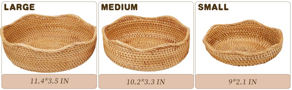Wholesale Natural Rattan Round Fruit Basket Hand Woven Serving Bowl Wicker Storage for Dining Room Wave Medium 9'' Diameter x 3.3'' Height x 9'' Width Factory