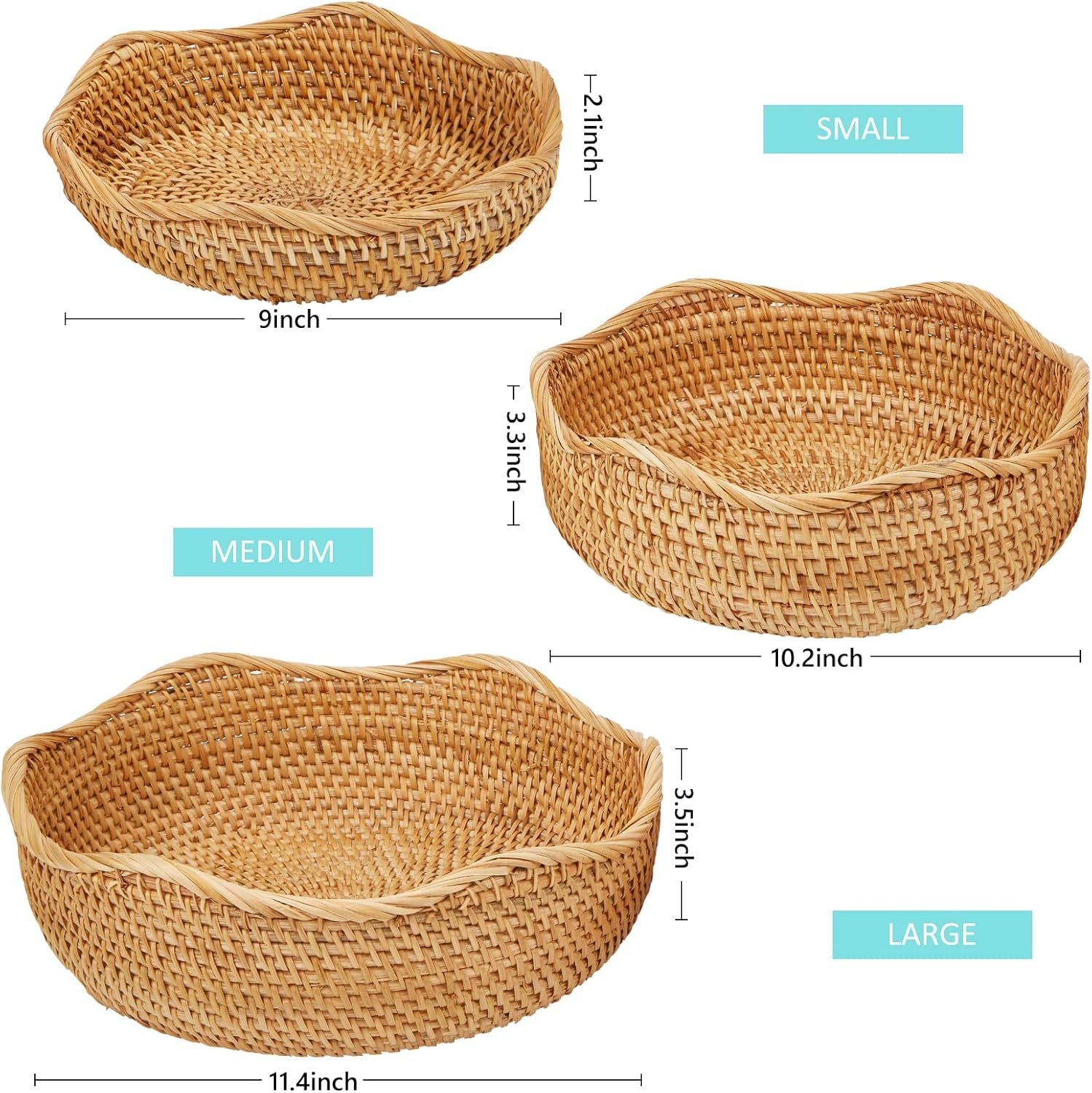 Wholesale Natural Rattan Round Fruit Basket Hand Woven Serving Bowl Wicker Storage for Dining Room Wave Medium 9'' Diameter x 3.3'' Height x 9'' Width Factory