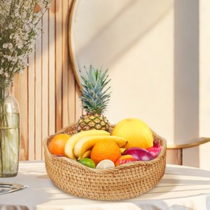 Wholesale Natural Rattan Round Fruit Basket Hand Woven Serving Bowl Wicker Storage for Dining Room Wave Medium 9'' Diameter x 3.3'' Height x 9'' Width Factory