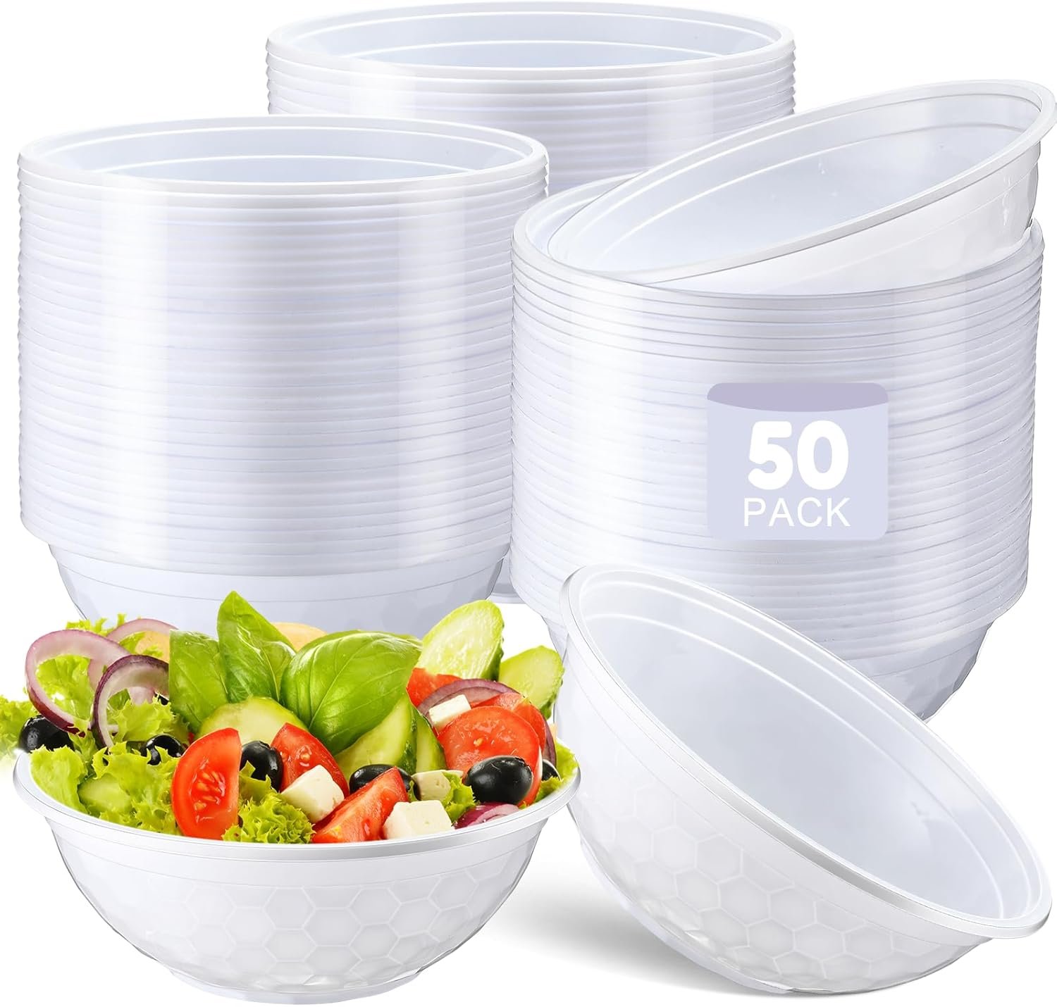 50 Pack 32oz White Disposable Plastic Bowls Plastic Salad Bowls Large Stackable Serving Soup Dinnerware for Birthdays, Weddings, Parties, Festivals