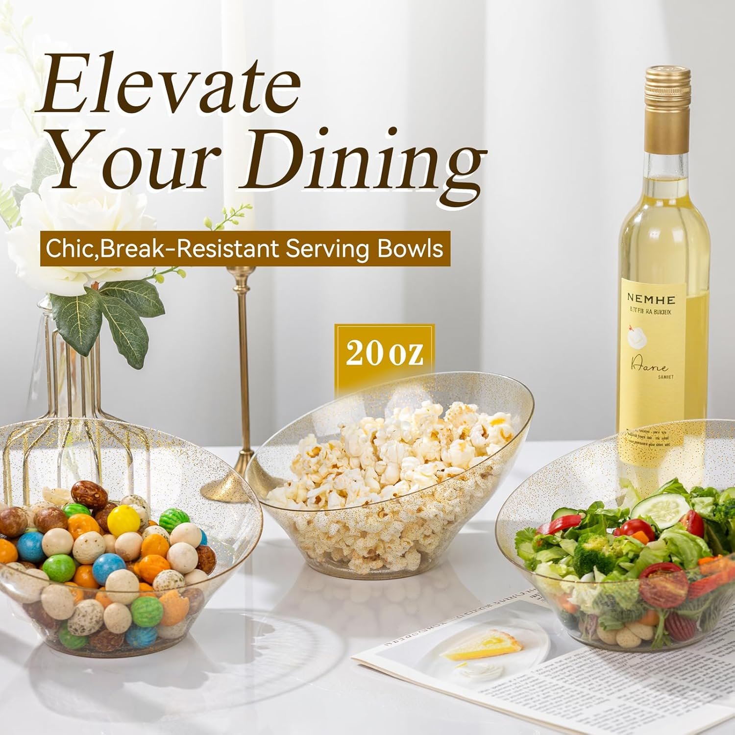 Wholesale 16 Pack 20 OZ Gold Plastic Angled Serving Bowls Disposable for Party Table Salad Fruit Chip Candy Wedding New Year Factory