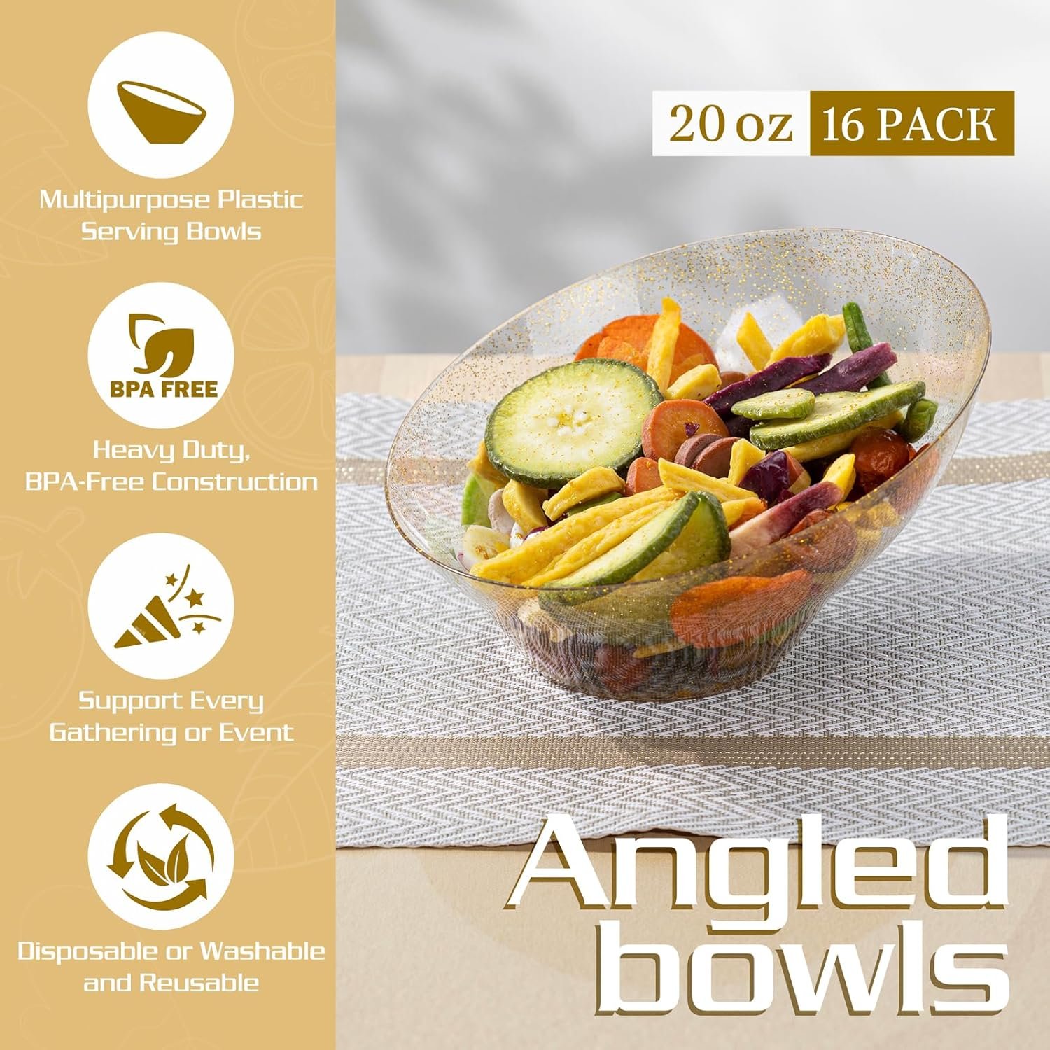 Wholesale 16 Pack 20 OZ Gold Plastic Angled Serving Bowls Disposable for Party Table Salad Fruit Chip Candy Wedding New Year Factory