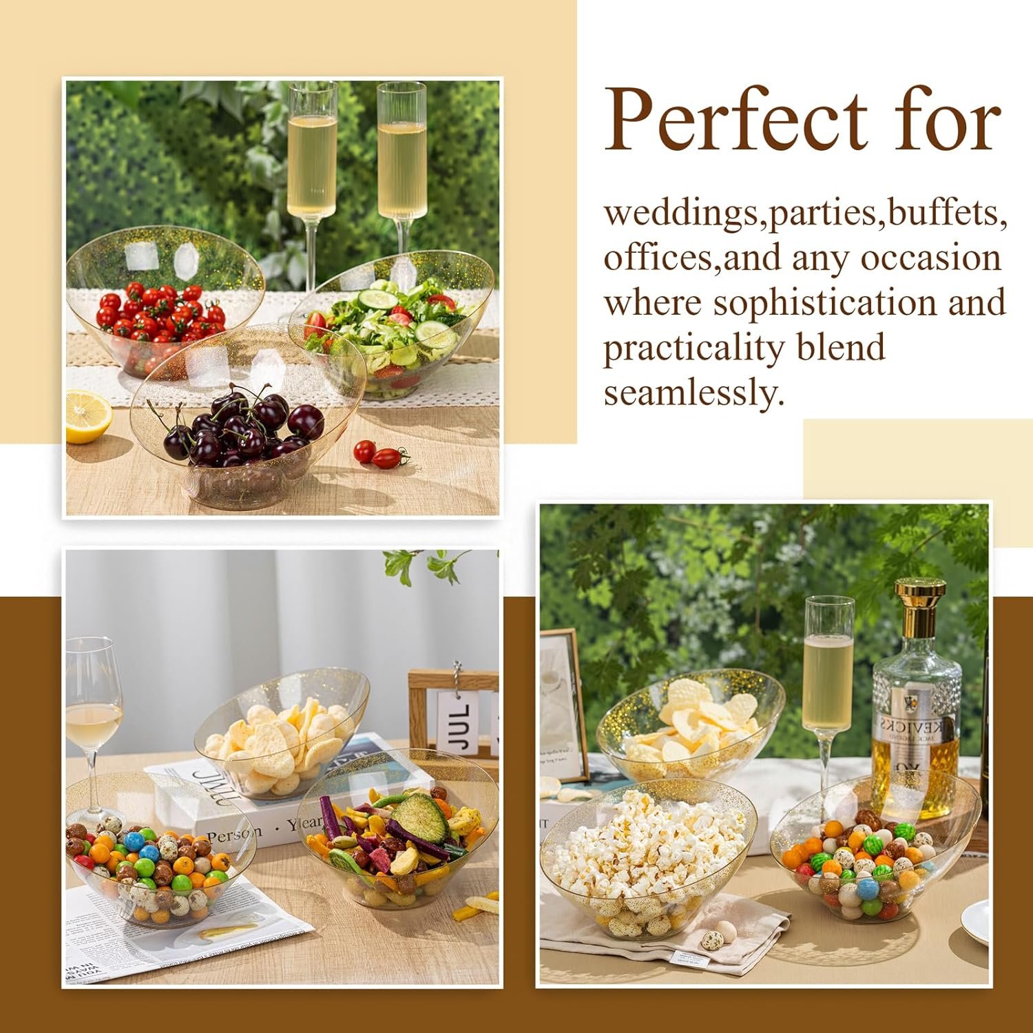 Wholesale 16 Pack 20 OZ Gold Plastic Angled Serving Bowls Disposable for Party Table Salad Fruit Chip Candy Wedding New Year Factory