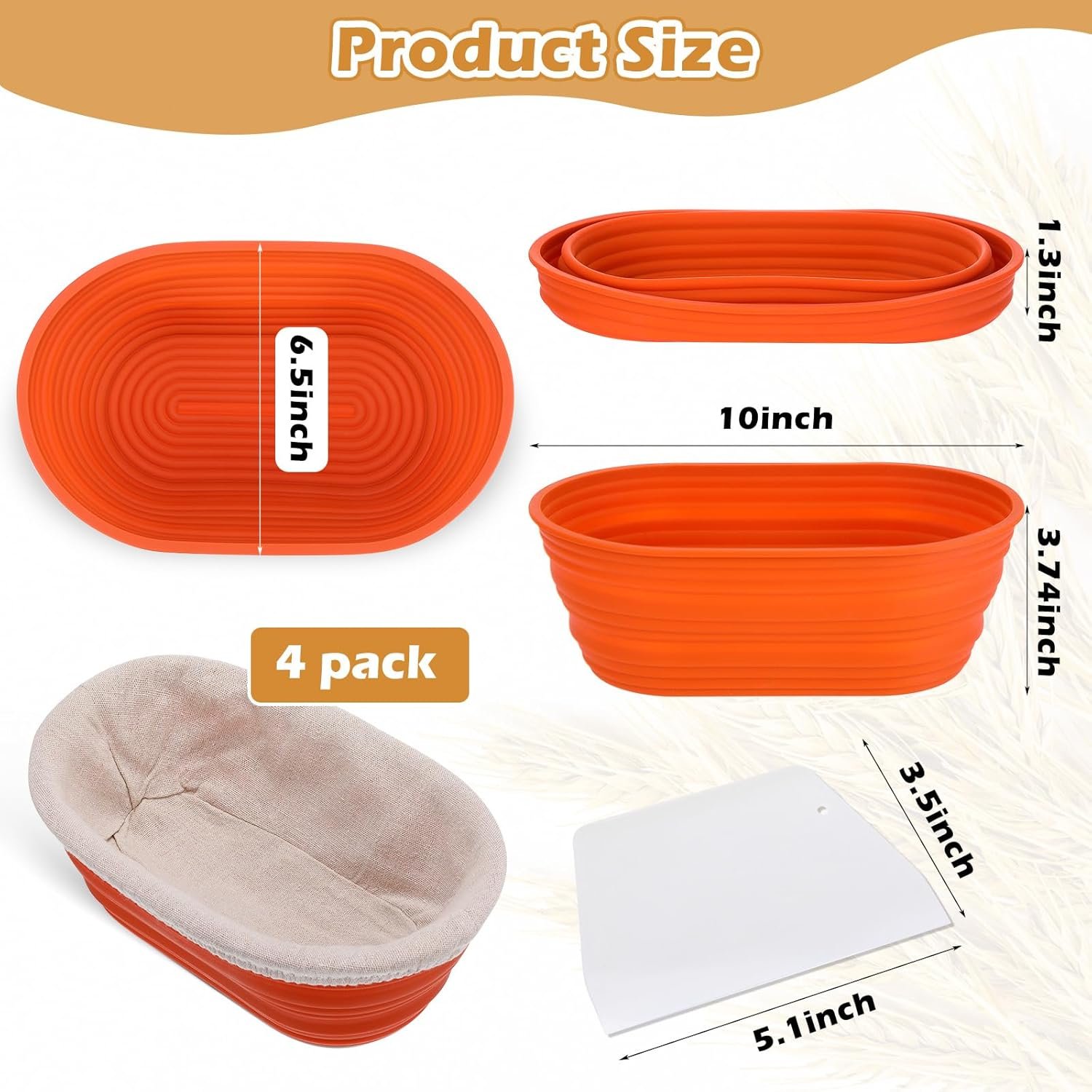 OEM 4-Pack 10-Inch Oval Silicone Collapsible Sourdough Proofing Baskets Dough Bowls with Scrapers Lids Orange Factory