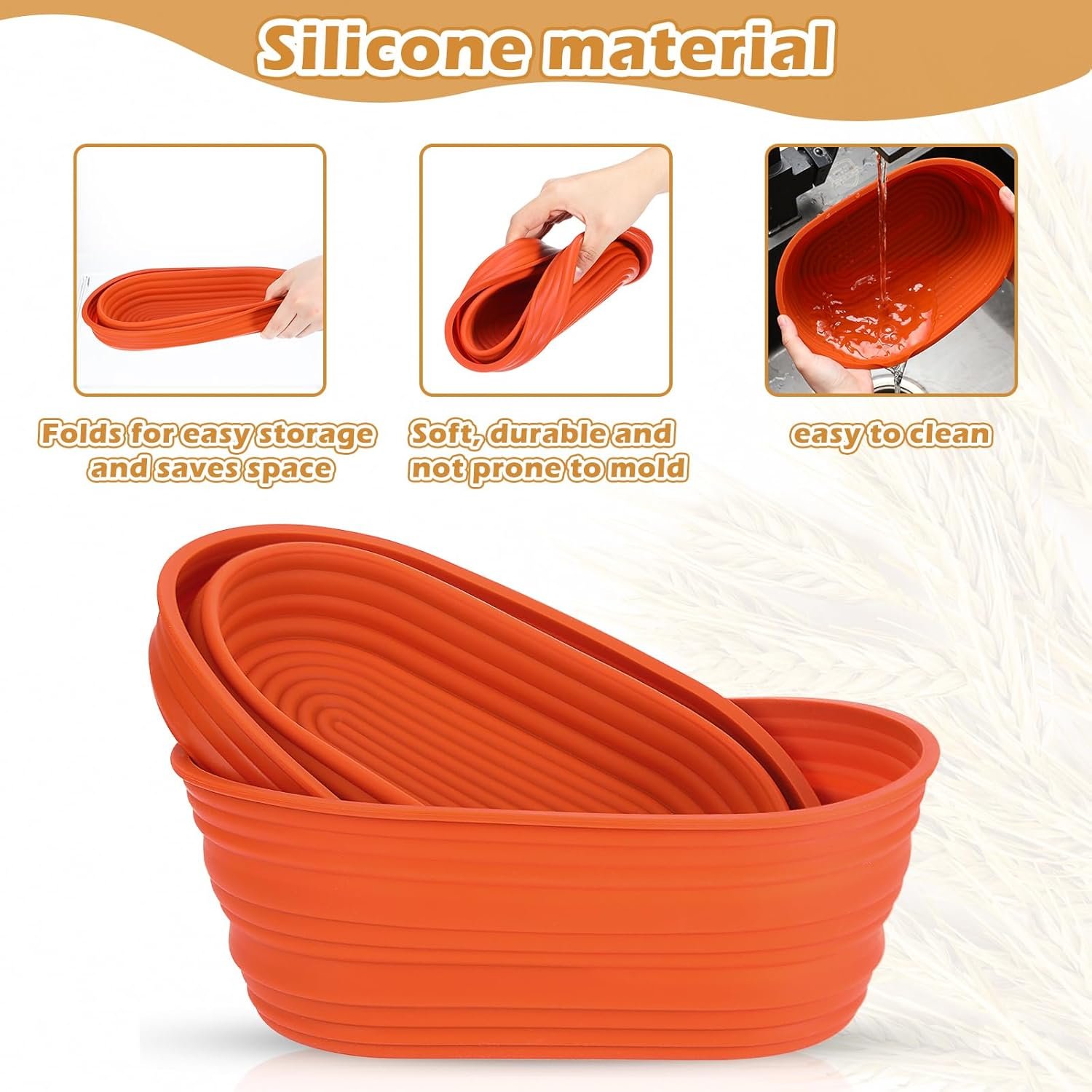 OEM 4-Pack 10-Inch Oval Silicone Collapsible Sourdough Proofing Baskets Dough Bowls with Scrapers Lids Orange Factory