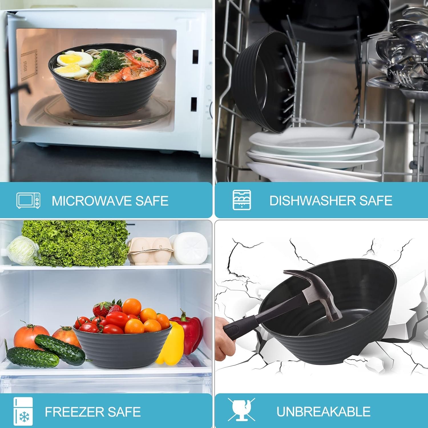 Wholesale 36 OZ Cereal Bowls Set of 12 Unbreakable Wheat Straw Plastic Serving Snack Soup and Dessert Bowls for Kitchen Parties and Camping Dishwasher and Microwave Safe Black and Gray Factory