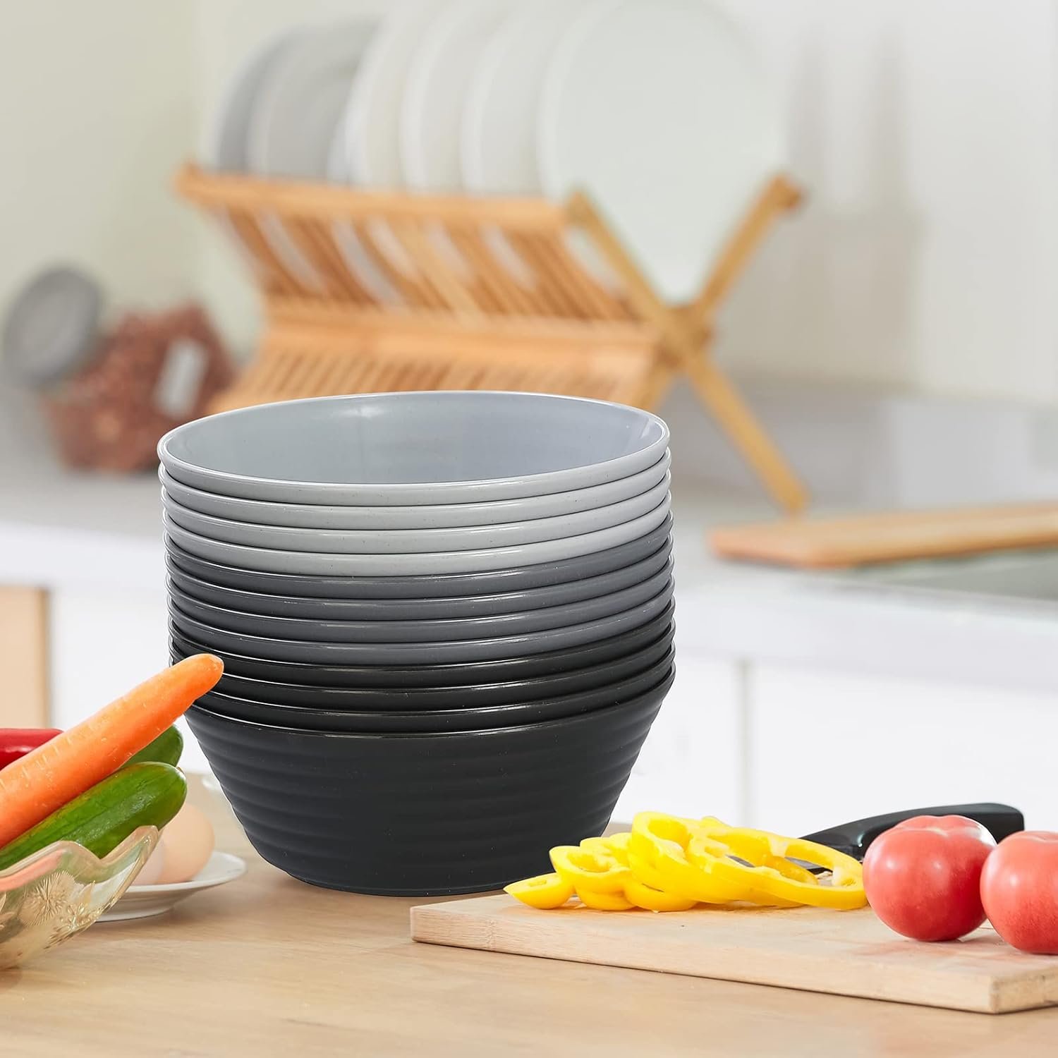 Wholesale 36 OZ Cereal Bowls Set of 12 Unbreakable Wheat Straw Plastic Serving Snack Soup and Dessert Bowls for Kitchen Parties and Camping Dishwasher and Microwave Safe Black and Gray Factory