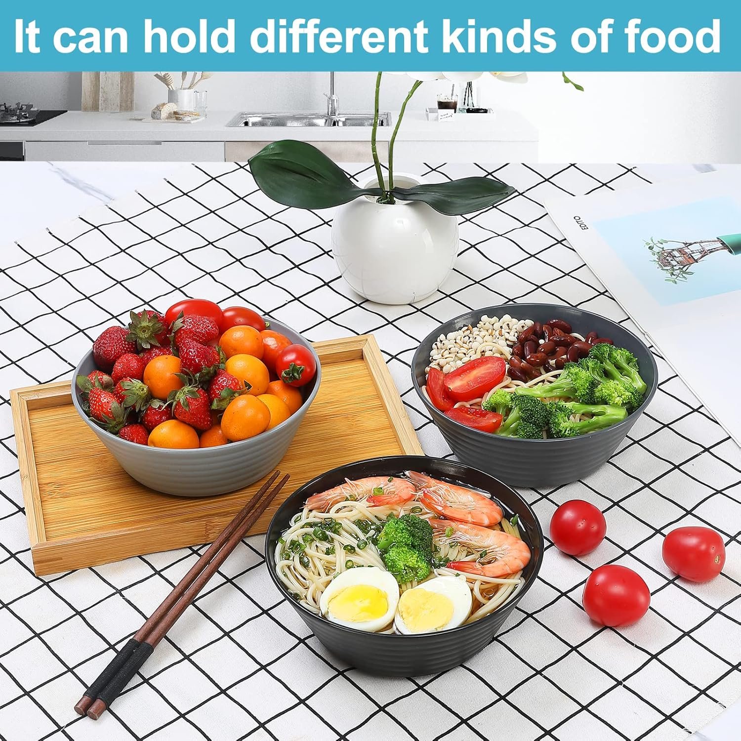 Wholesale 36 OZ Cereal Bowls Set of 12 Unbreakable Wheat Straw Plastic Serving Snack Soup and Dessert Bowls for Kitchen Parties and Camping Dishwasher and Microwave Safe Black and Gray Factory