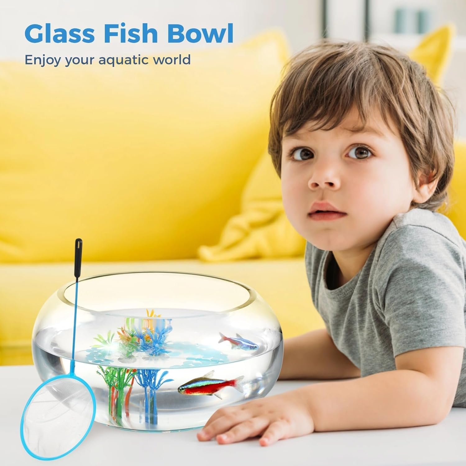 OEM Round Glass Fish Bowl Set with Luminous Pebbles Artificial Plants Net Small Vase Aquarium Home Office Decor Transparent Factory