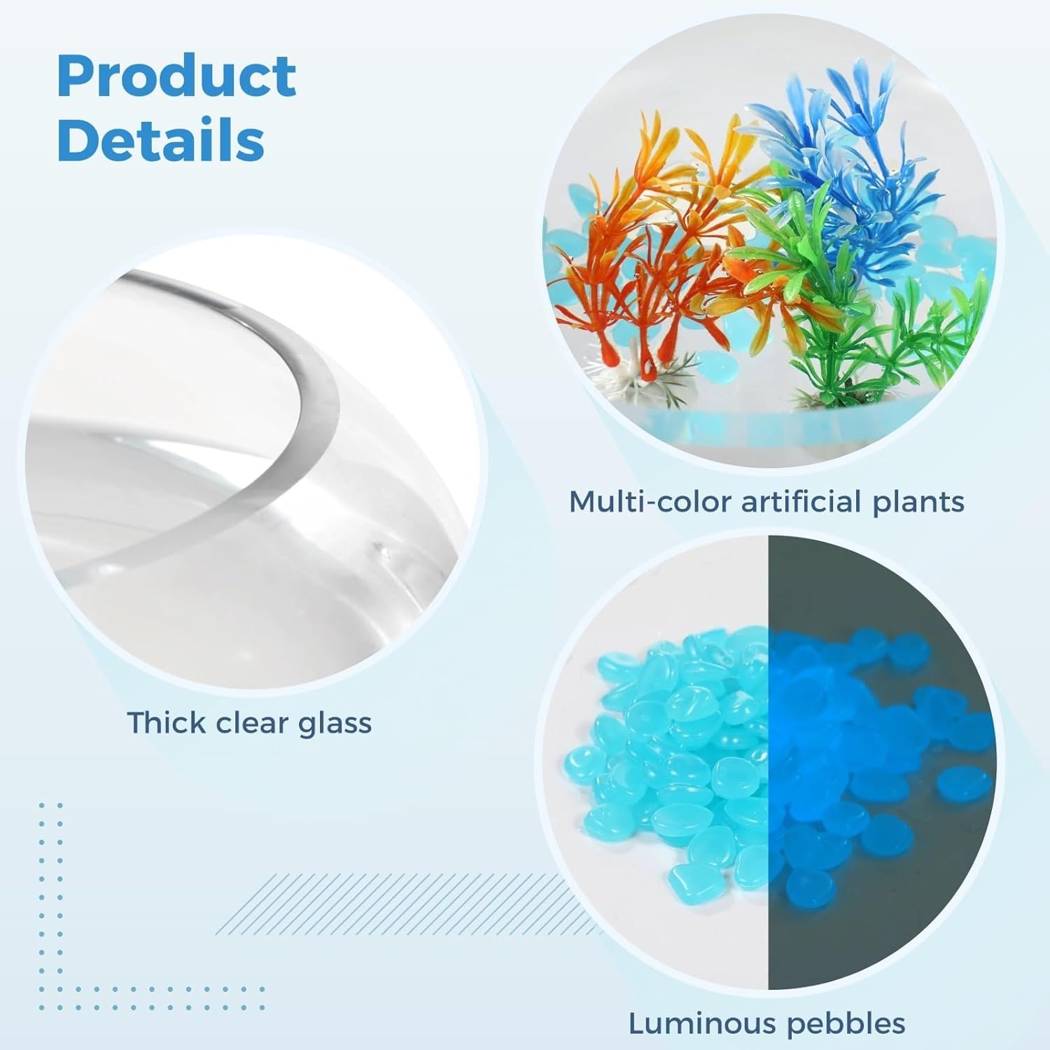 OEM Round Glass Fish Bowl Set with Luminous Pebbles Artificial Plants Net Small Vase Aquarium Home Office Decor Transparent Factory