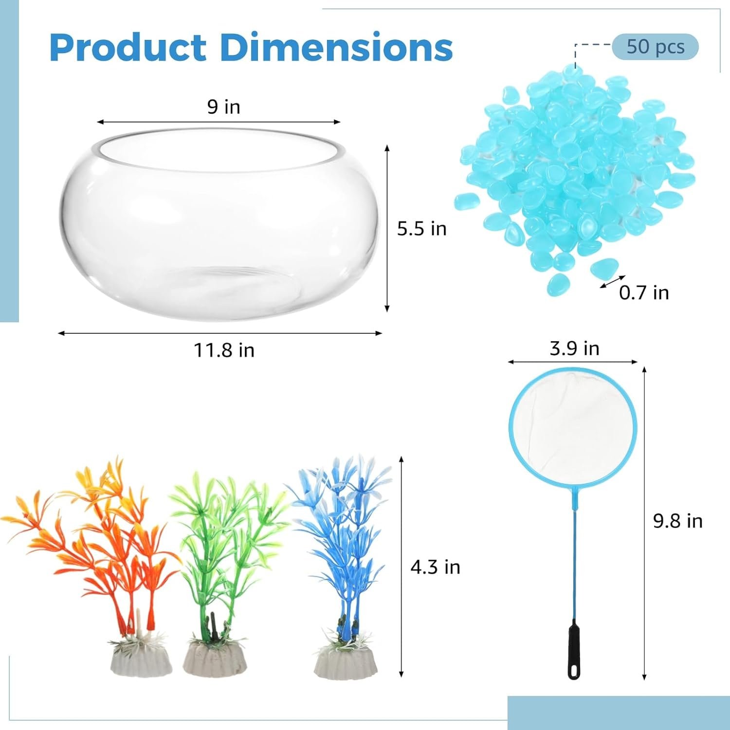 OEM Round Glass Fish Bowl Set with Luminous Pebbles Artificial Plants Net Small Vase Aquarium Home Office Decor Transparent Factory