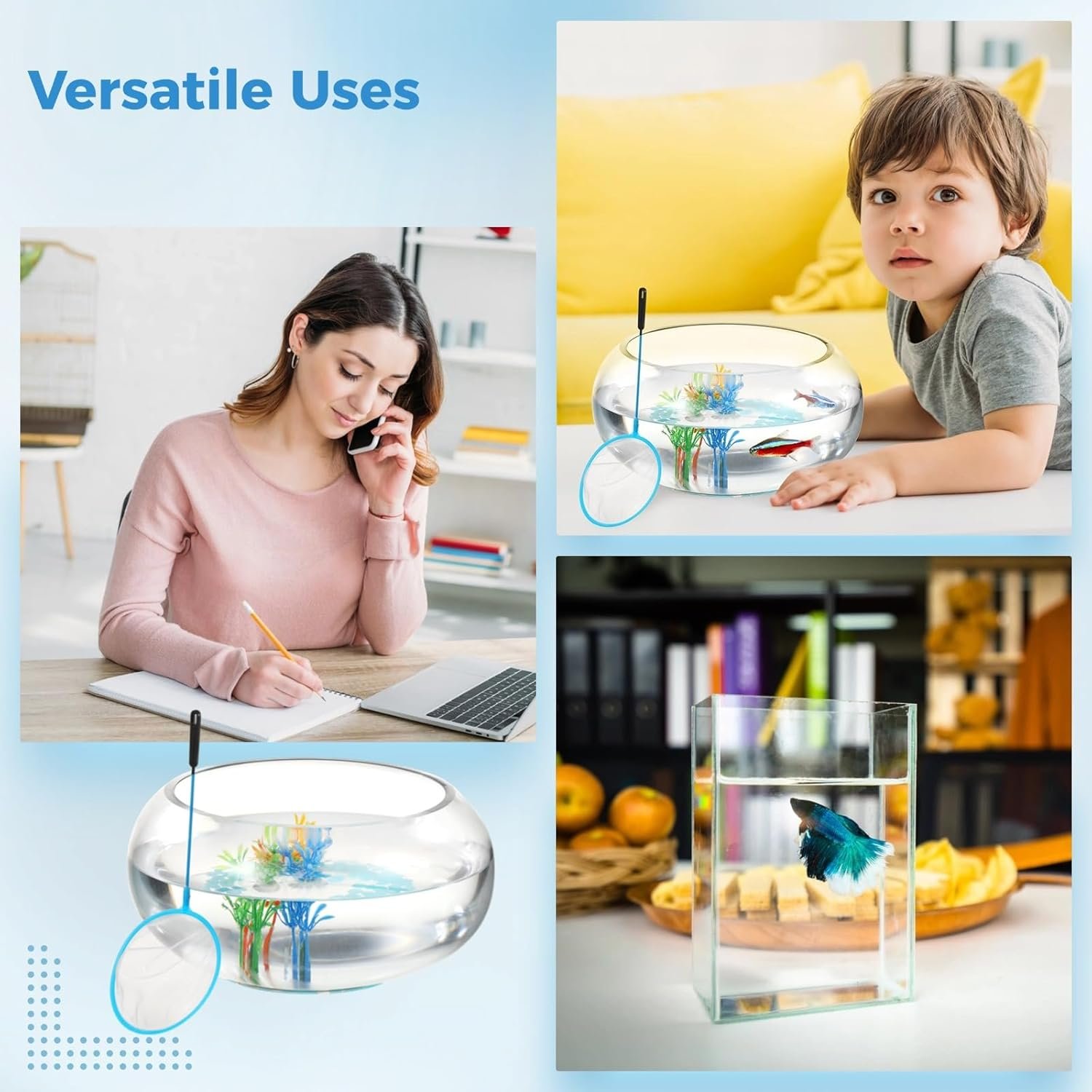 OEM Round Glass Fish Bowl Set with Luminous Pebbles Artificial Plants Net Small Vase Aquarium Home Office Decor Transparent Factory