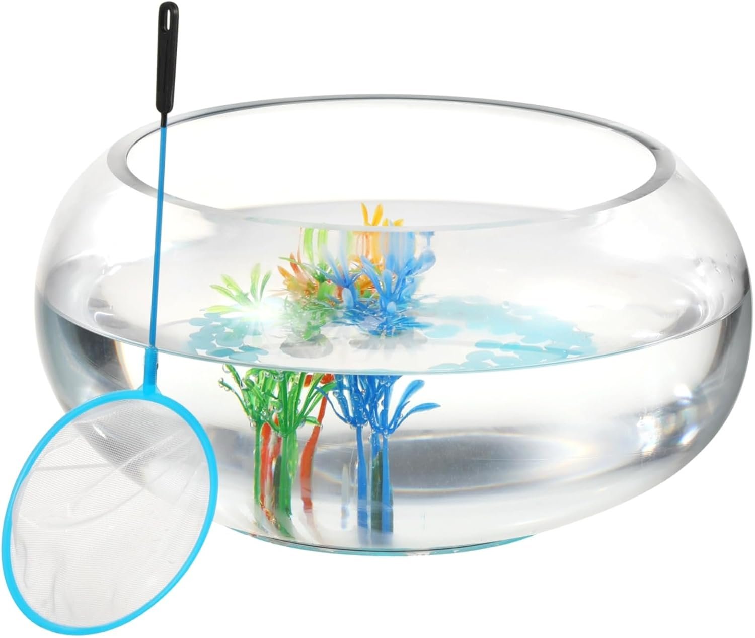 Glass Fish Bowl Set, Round Glass Fish Tank with Luminous Pebbles, Artificial Plants and Net, Small Fish Bowl Vase Aquarium for Home Office Decor (Transparent)