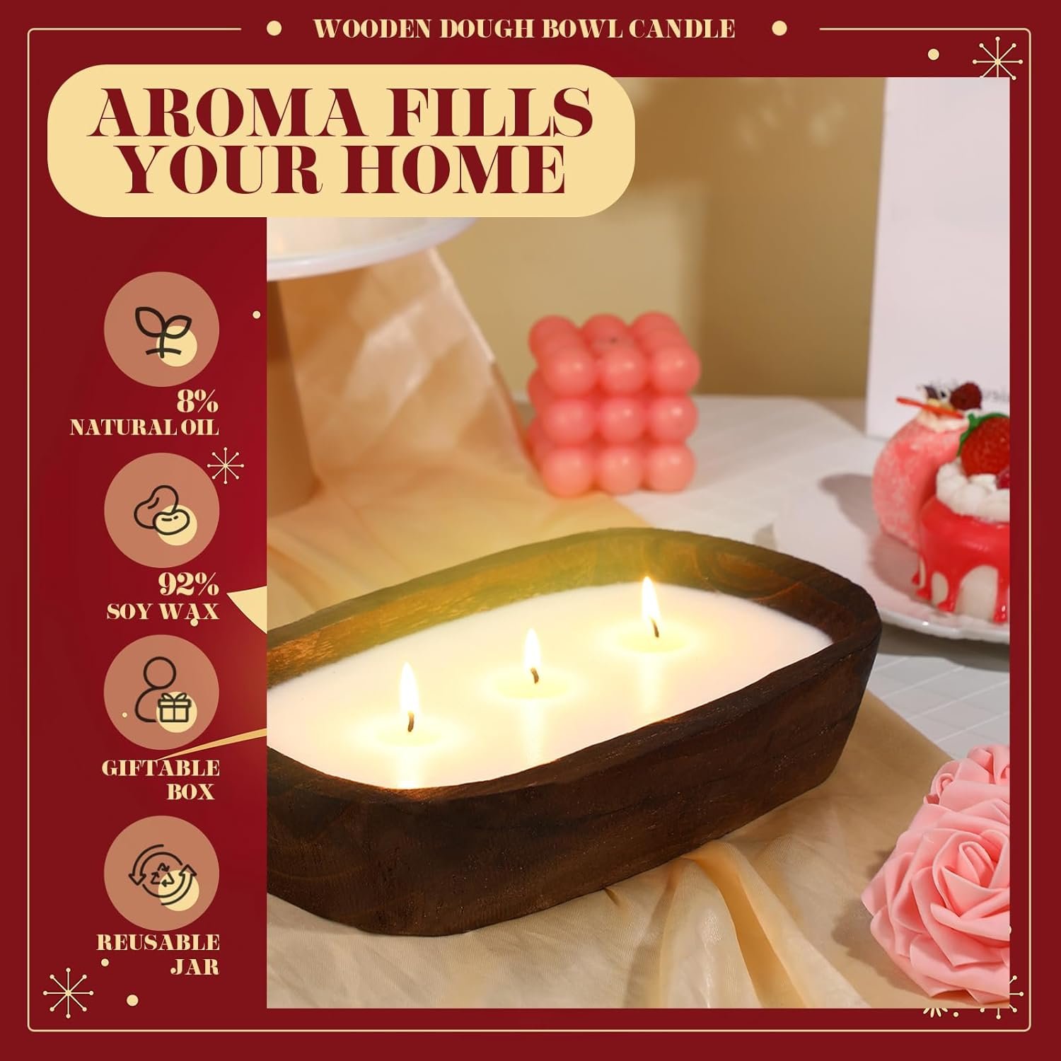 Wholesale 10 oz Rustic Wood Dough Bowl Soy Candle 3 Wick Scented Apple Cinnamon Gift for Men Women Farmhouse Table Centerpiece Home Decor Christmas Factory