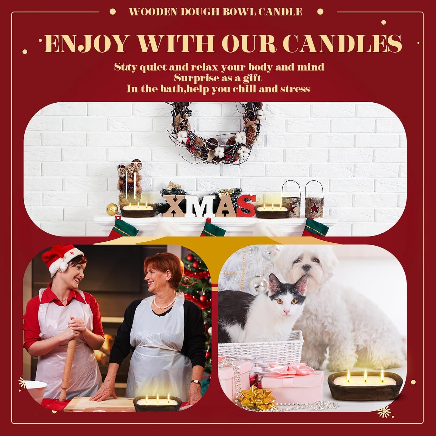 Wholesale 10 oz Rustic Wood Dough Bowl Soy Candle 3 Wick Scented Apple Cinnamon Gift for Men Women Farmhouse Table Centerpiece Home Decor Christmas Factory