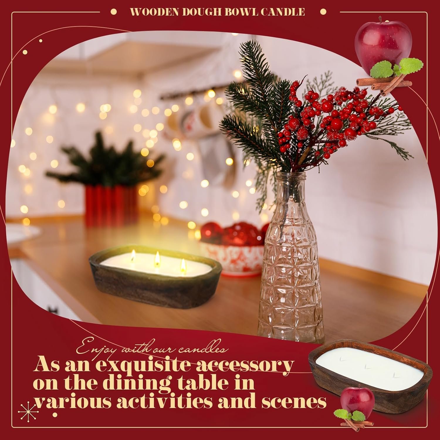 Wholesale 10 oz Rustic Wood Dough Bowl Soy Candle 3 Wick Scented Apple Cinnamon Gift for Men Women Farmhouse Table Centerpiece Home Decor Christmas Factory