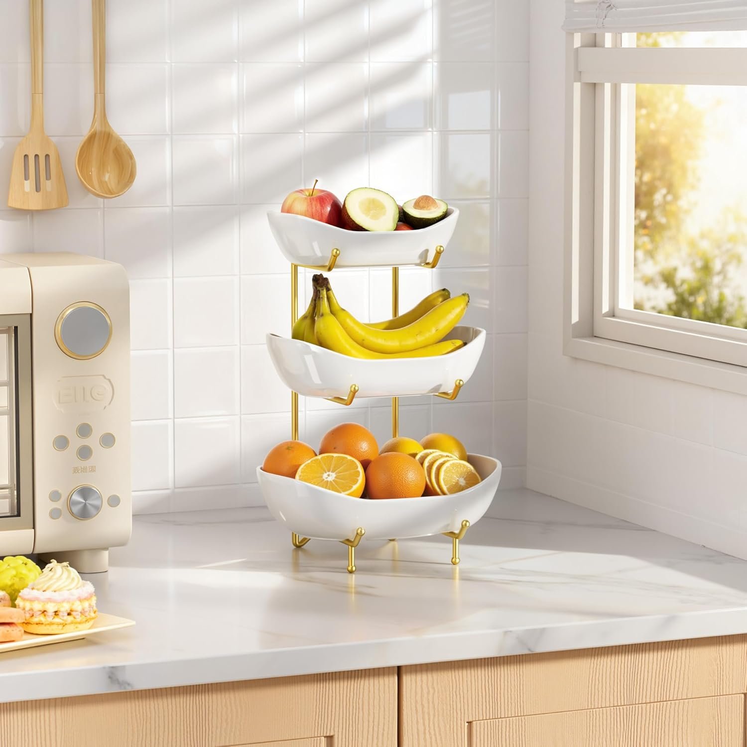 OEM 3-Tier Ceramic Fruit Bowl with Gold Metal Stand for Kitchen Counter Versatile Holder for Snacks Nuts Cakes Desserts Bread Candy manufacturer