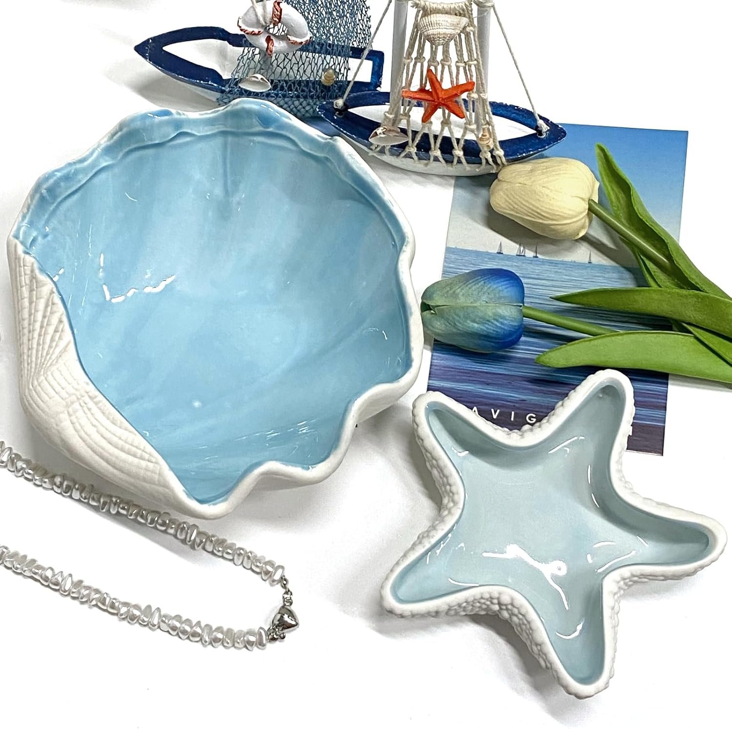 OEM Ceramic Sea Shell Jewelry Dish Holder Cute Key Organizer Plate Vanity Home Decor Accessory Large Light Blue Factory