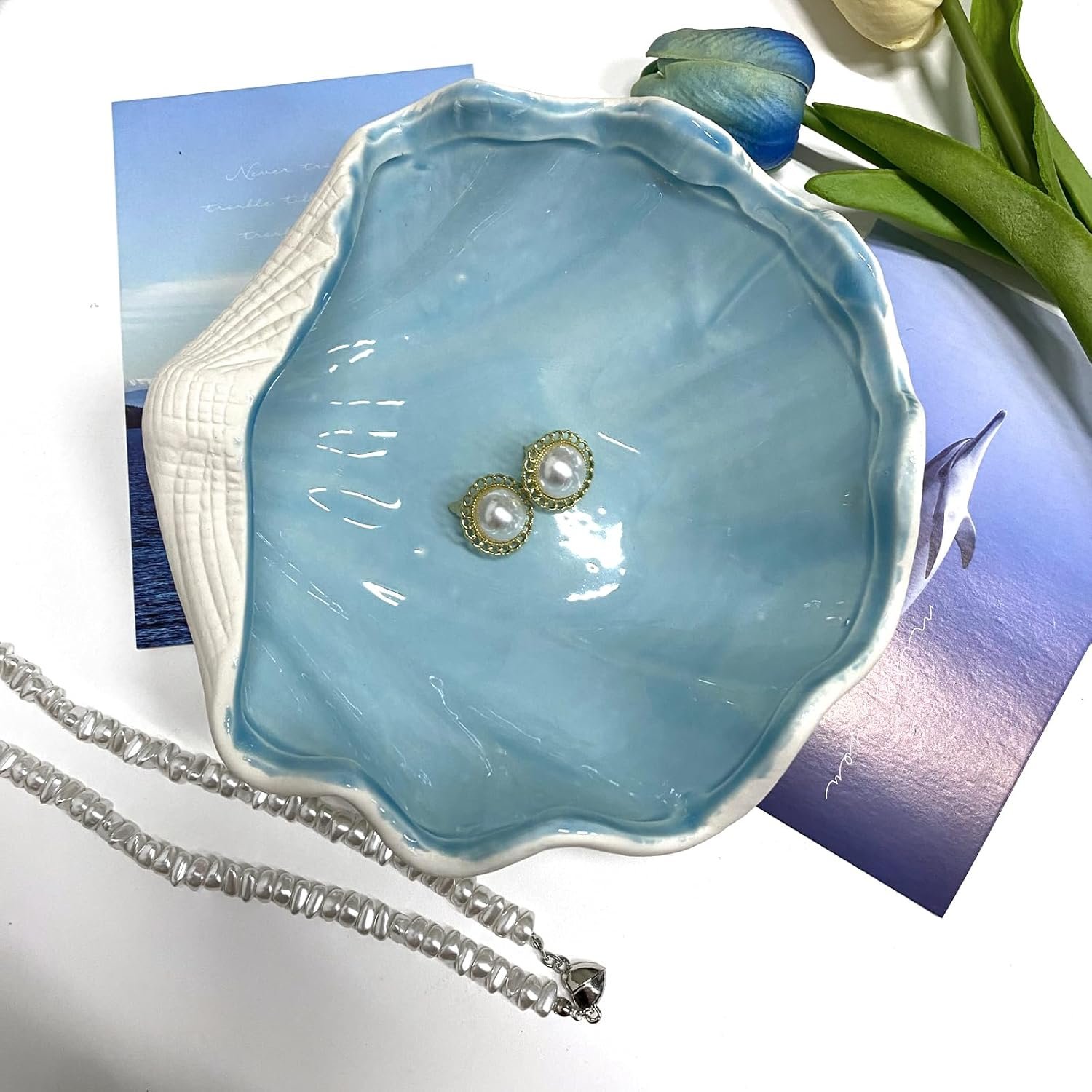 OEM Ceramic Sea Shell Jewelry Dish Holder Cute Key Organizer Plate Vanity Home Decor Accessory Large Light Blue Factory